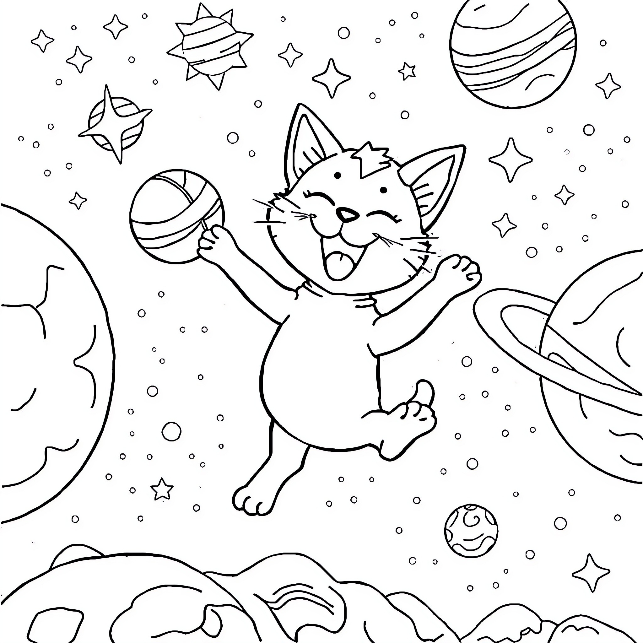 Catdog playing joyfully in the cosmic landscape Coloring Page (free black-and-white line drawing printable PDF for all, from beginners to advanced learners, including children, teens, adults, and seniors)