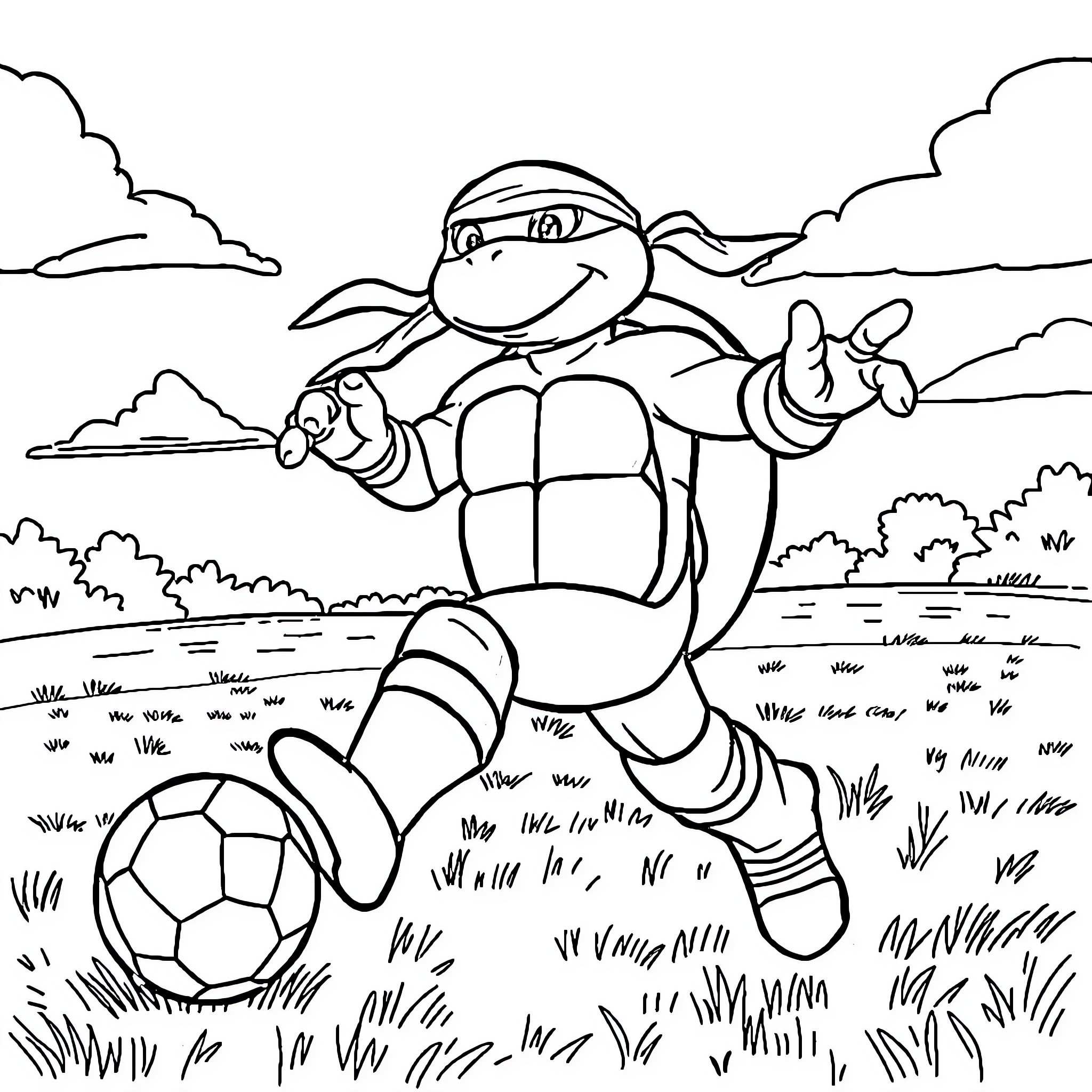 Ninja Turtle playing soccer in the field Coloring Page (free black-and-white line drawing printable PDF for all, from beginners to advanced learners, including children, teens, adults, and seniors)