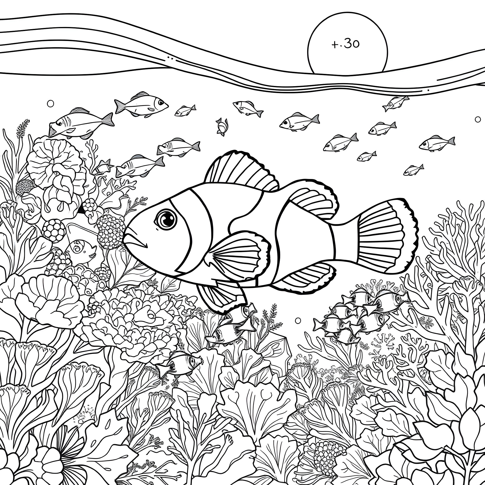 Clownfish swimming in a coral reef Coloring Page (free black-and-white line drawing printable PDF for all, from beginners to advanced learners, including children, teens, adults, and seniors)