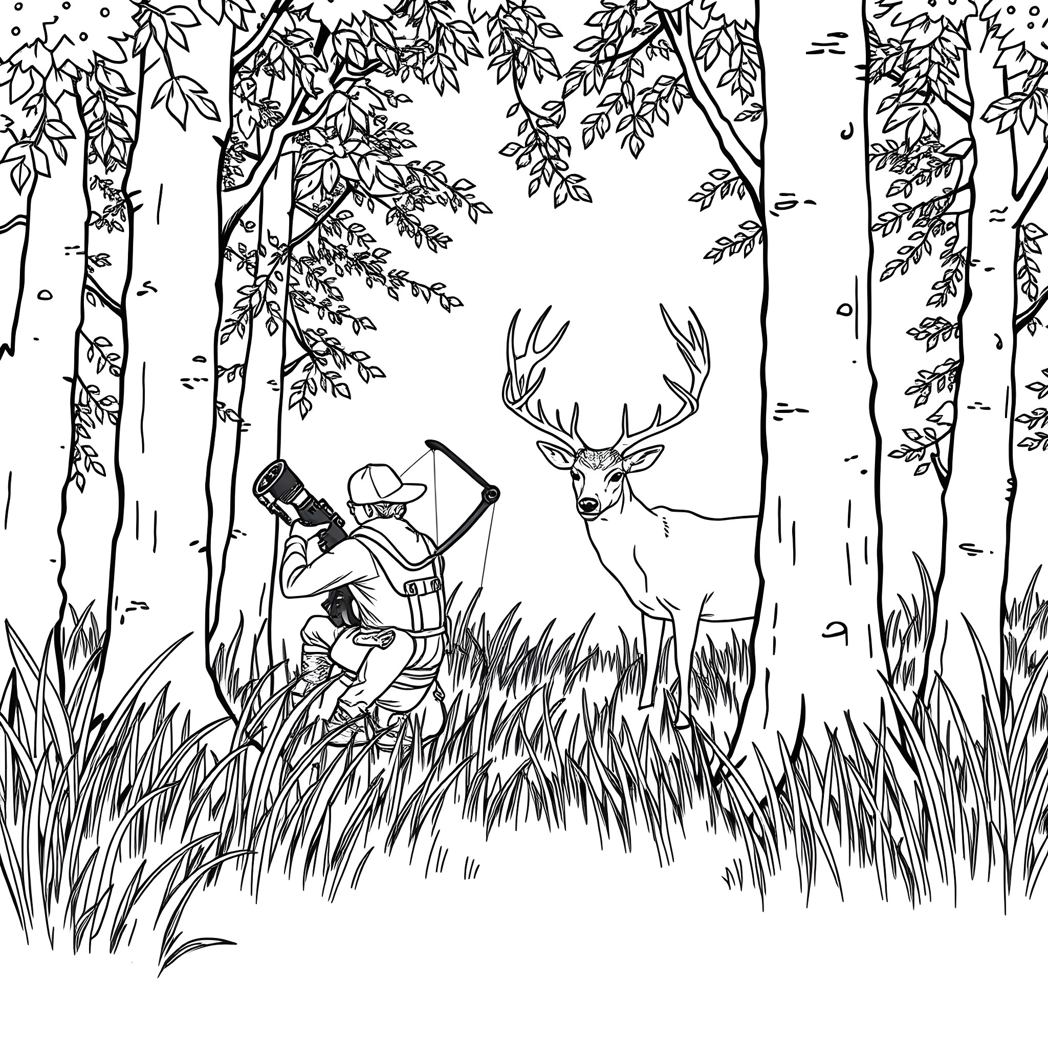Deer observing a hiker in the woodland Coloring Page (free black-and-white line drawing printable PDF for all, from beginners to advanced learners, including children, teens, adults, and seniors)
