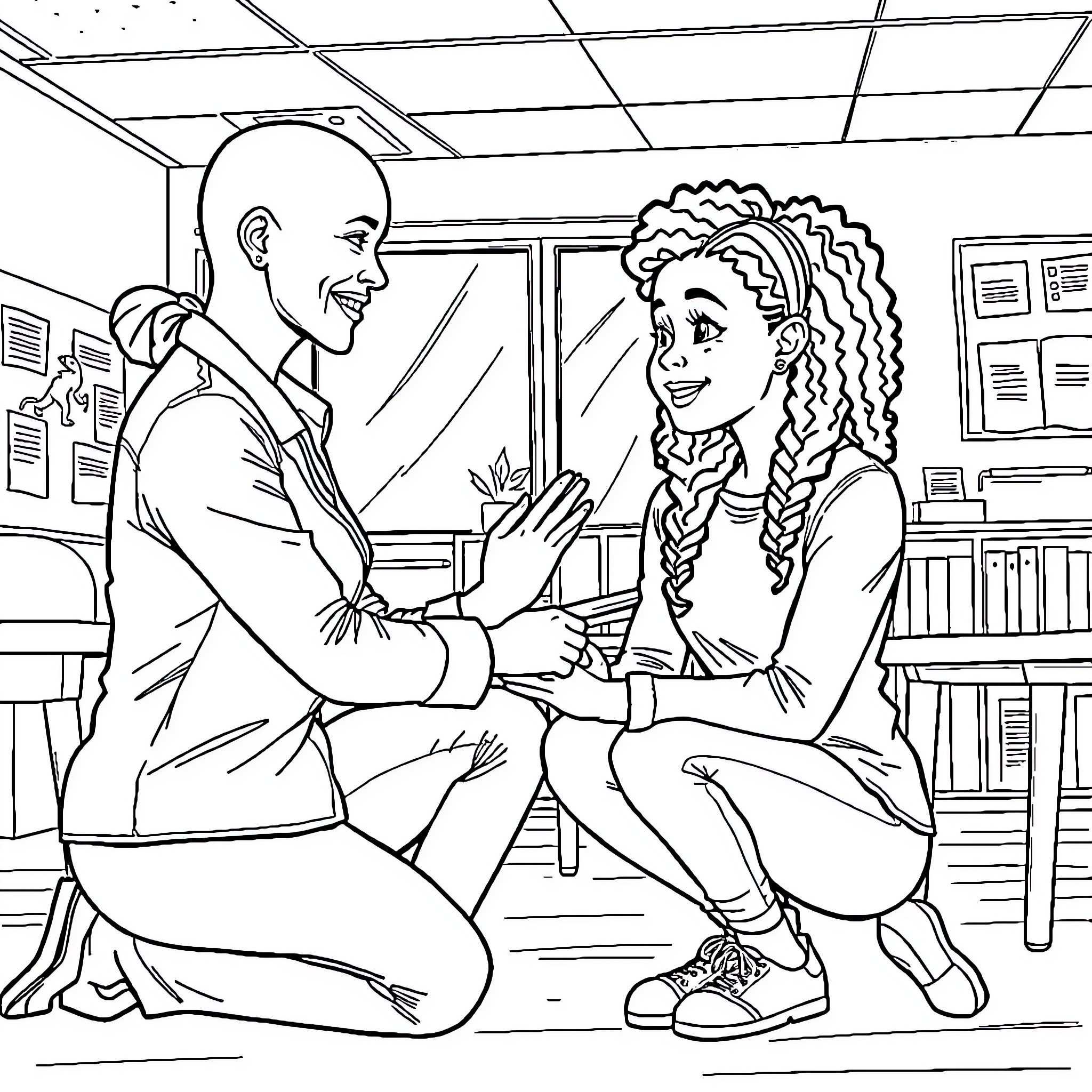 Teacher encourages student in classroom Coloring Page (free black-and-white line drawing printable PDF for all, from beginners to advanced learners, including children, teens, adults, and seniors)