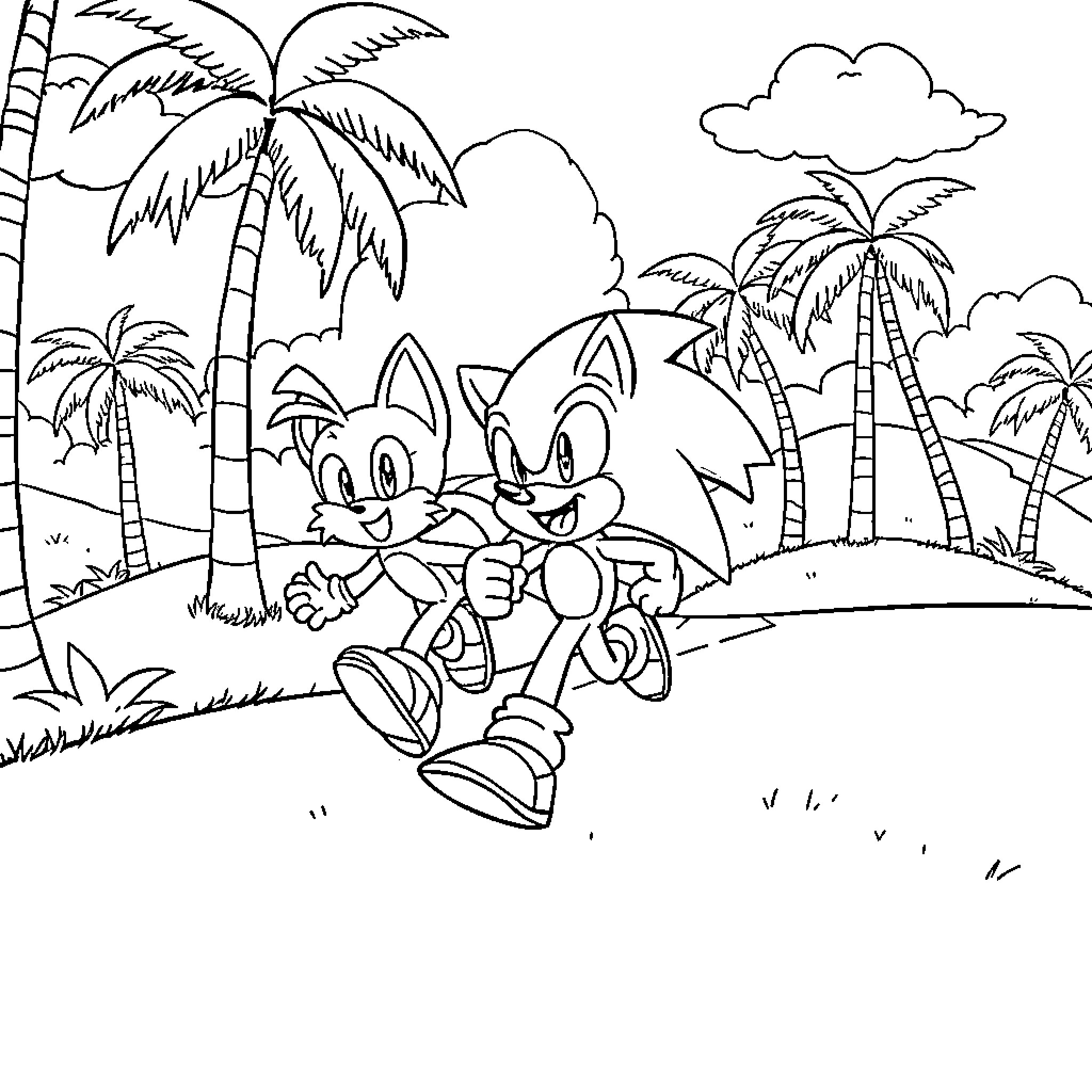 Sonic and friends exploring tropical paradise Coloring Page (free black-and-white line drawing printable PDF for all, from beginners to advanced learners, including children, teens, adults, and seniors)