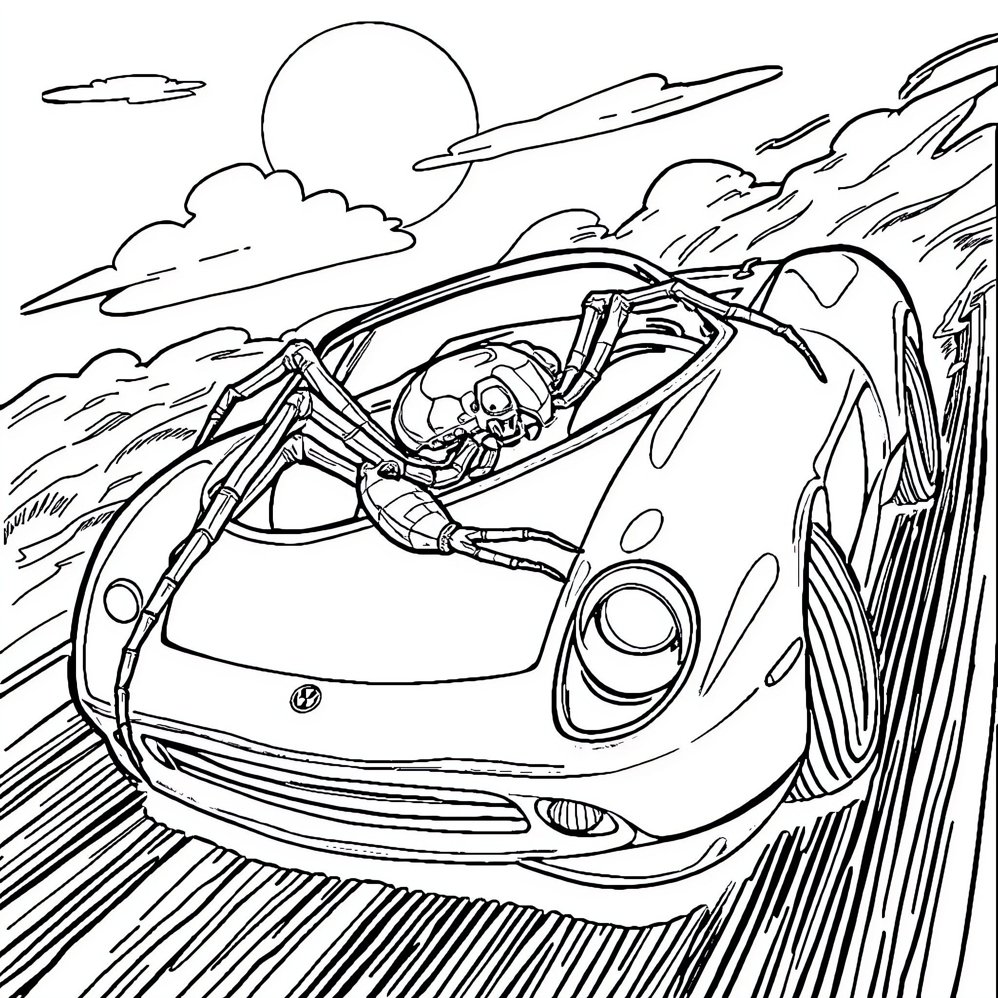 Spider-themed car racing through the storm Coloring Page (free black-and-white line drawing printable PDF for all, from beginners to advanced learners, including children, teens, adults, and seniors)