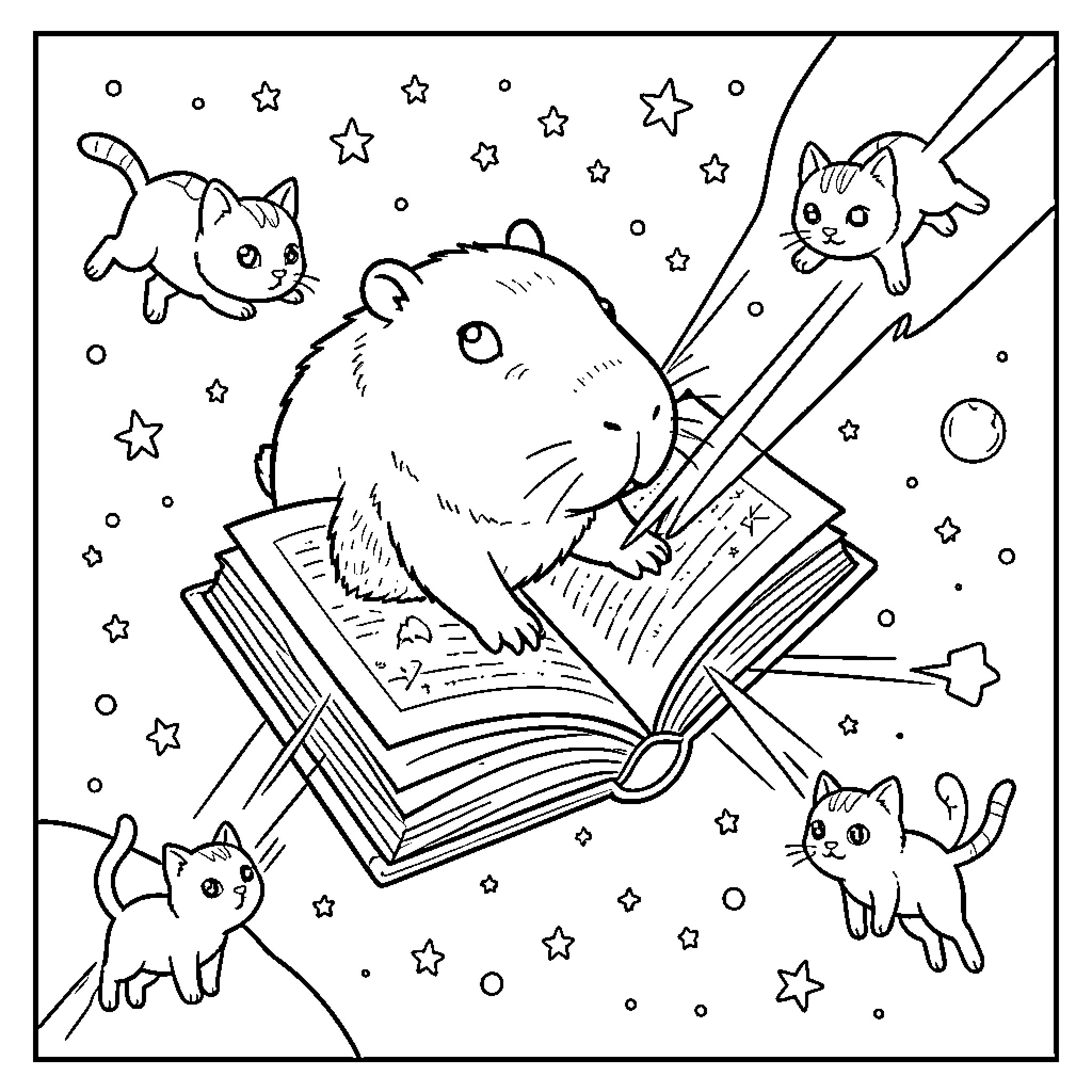 Capybara reading a book among floating kittens and stars Coloring Page (free black-and-white line drawing printable PDF for all, from beginners to advanced learners, including children, teens, adults, and seniors)