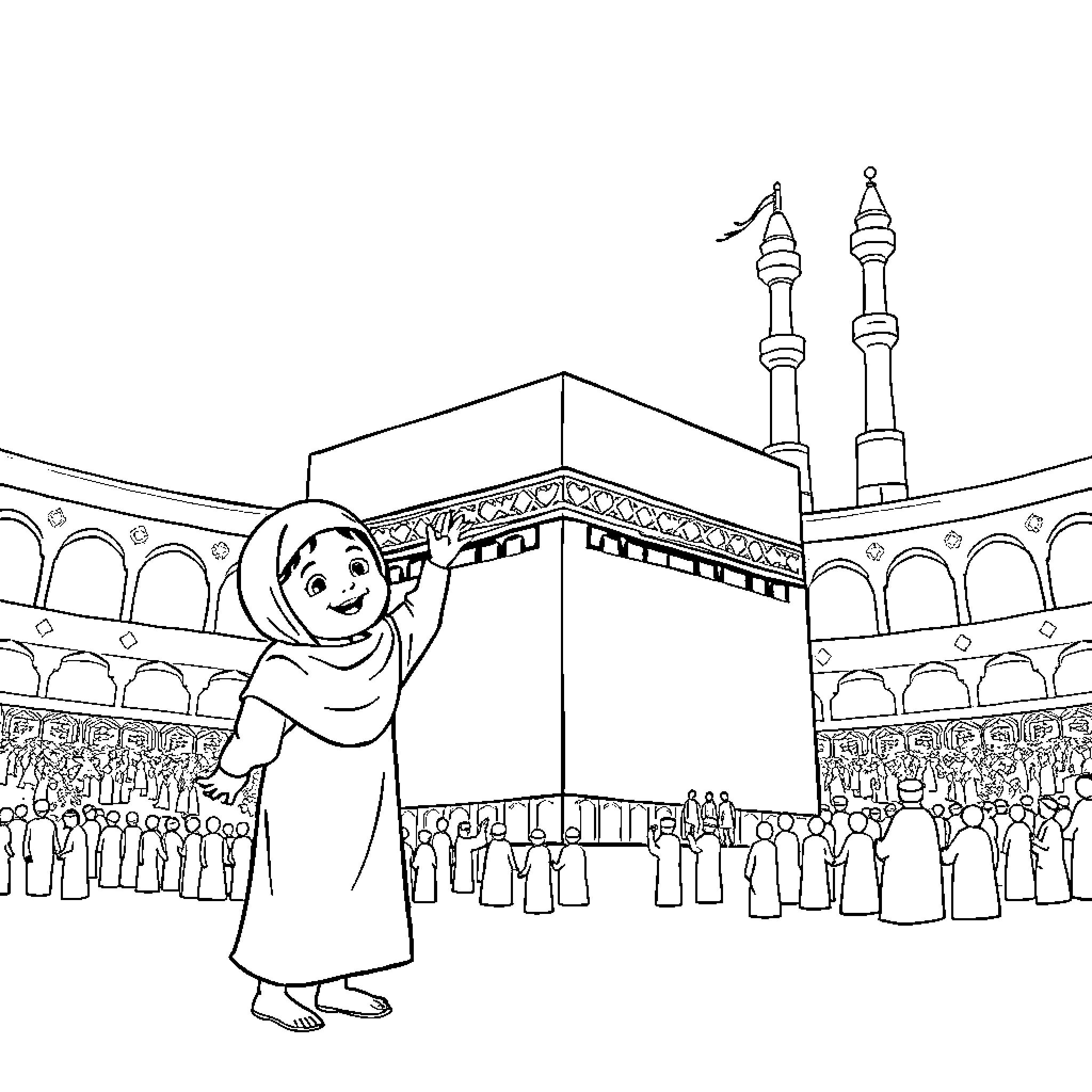 Child in traditional clothing at holy site Coloring Page (free black-and-white line drawing printable PDF for all, from beginners to advanced learners, including children, teens, adults, and seniors)