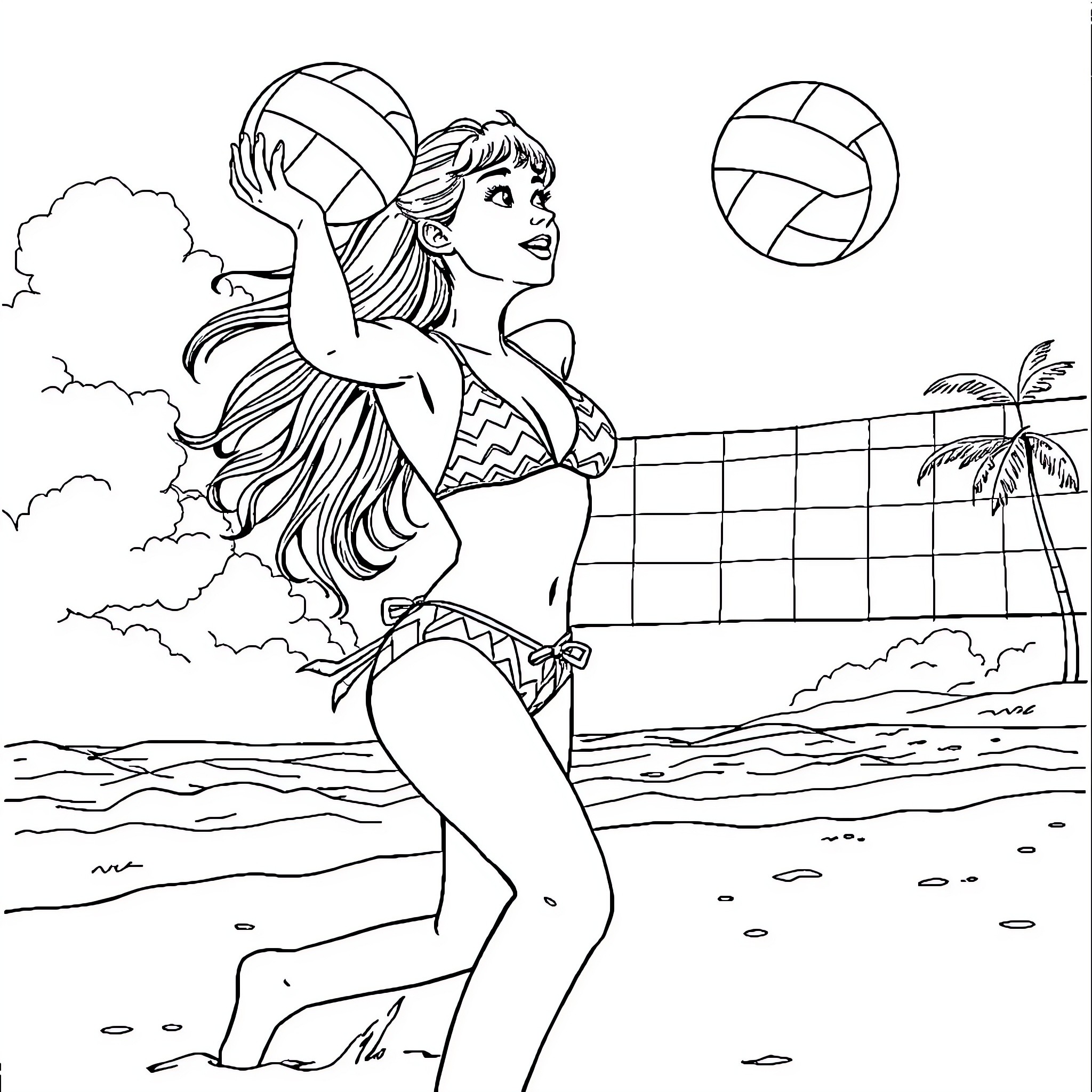 Girl playing volleyball at the beach Coloring Page (free black-and-white line drawing printable PDF for all, from beginners to advanced learners, including children, teens, adults, and seniors)