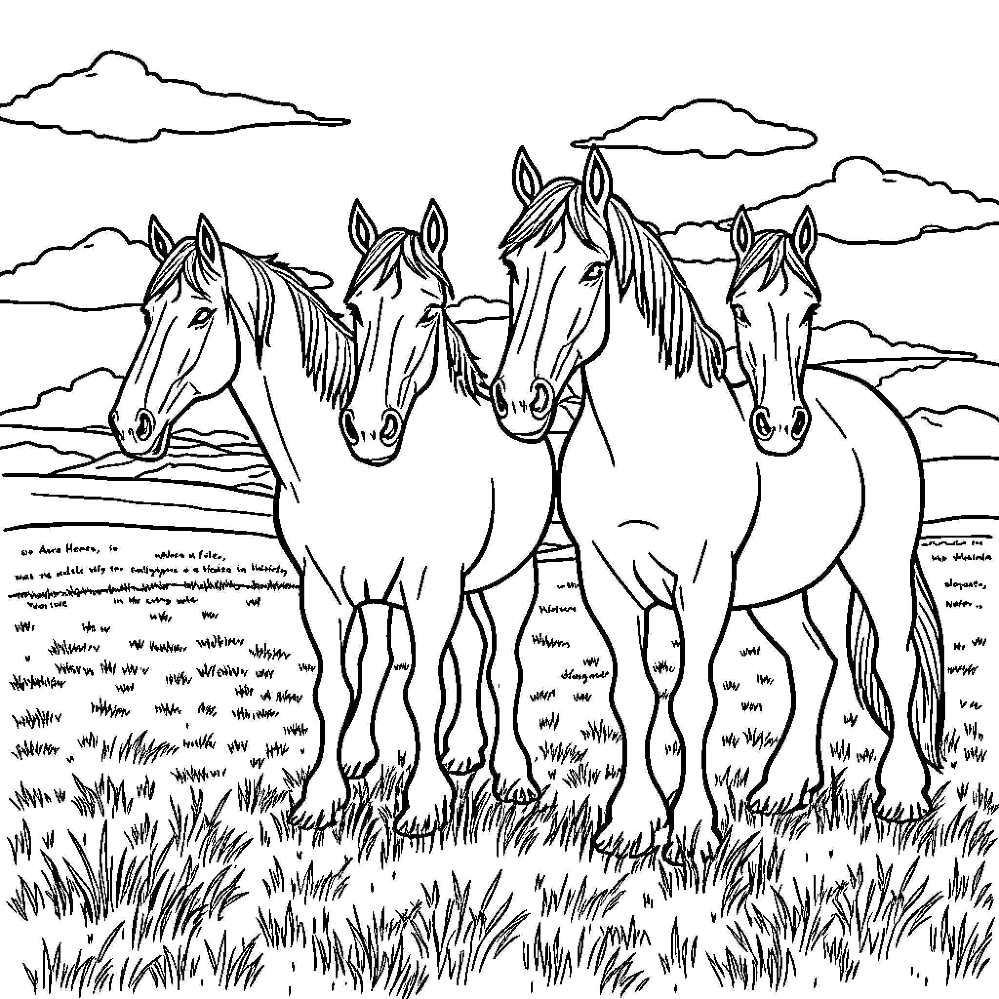 Clydesdale Horses Grazing in Grassy Field Coloring Page (free black-and-white line drawing printable PDF for all, from beginners to advanced learners, including children, teens, adults, and seniors)