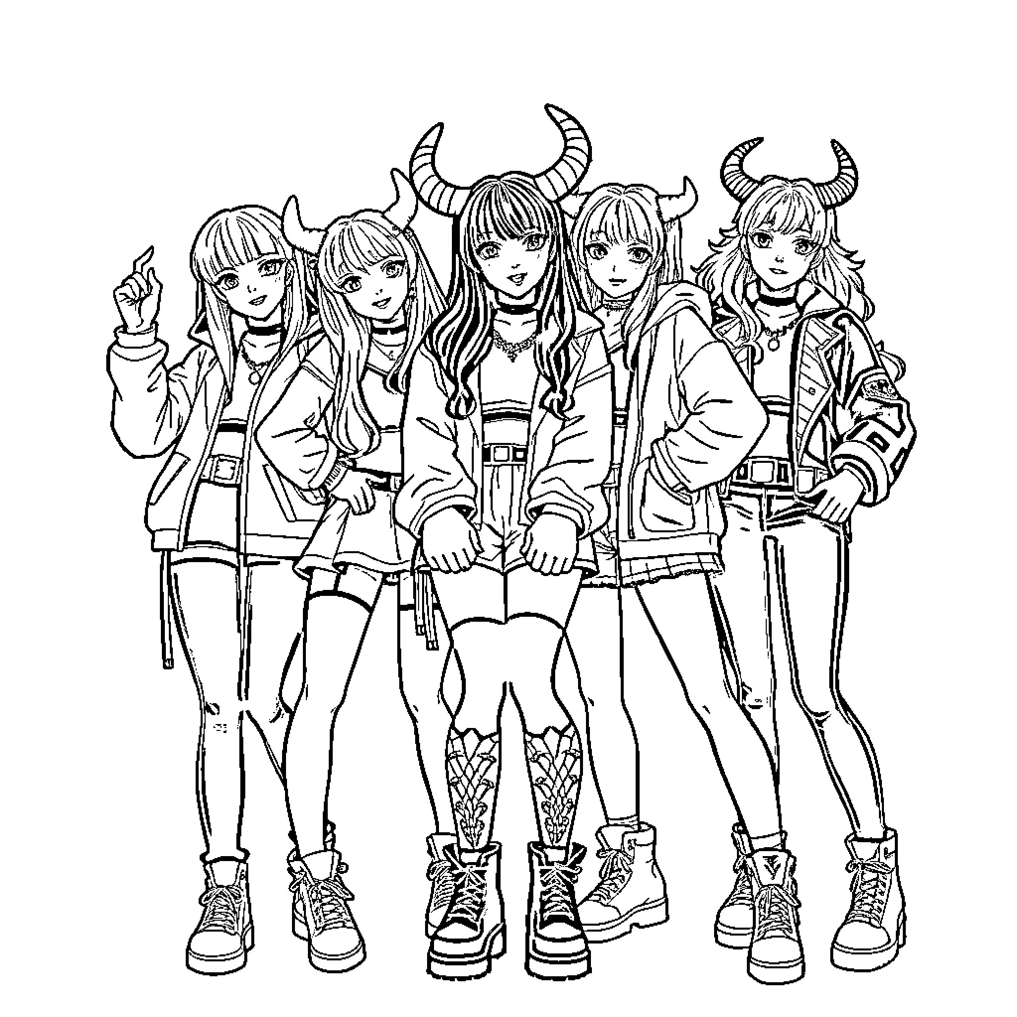 Rumi and her demon-horned friends posing together Coloring Page (free black-and-white line drawing printable PDF for all, from beginners to advanced learners, including children, teens, adults, and seniors)