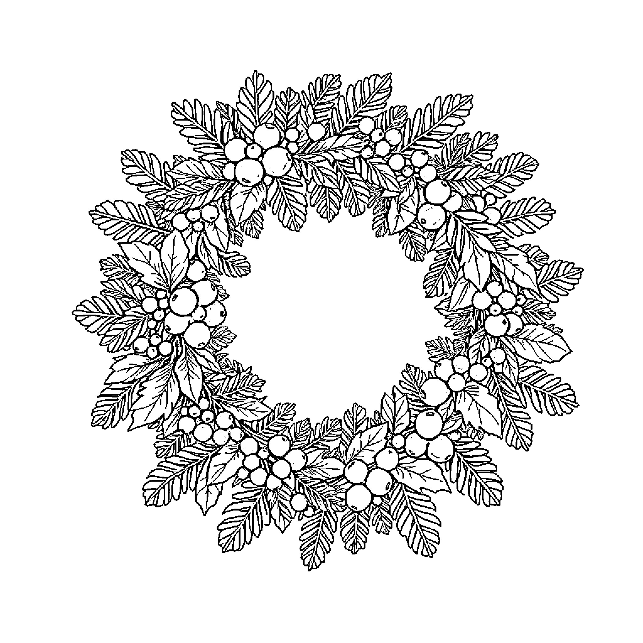 Wreath of festive foliage and berries Coloring Page (free black-and-white line drawing printable PDF for all, from beginners to advanced learners, including children, teens, adults, and seniors)