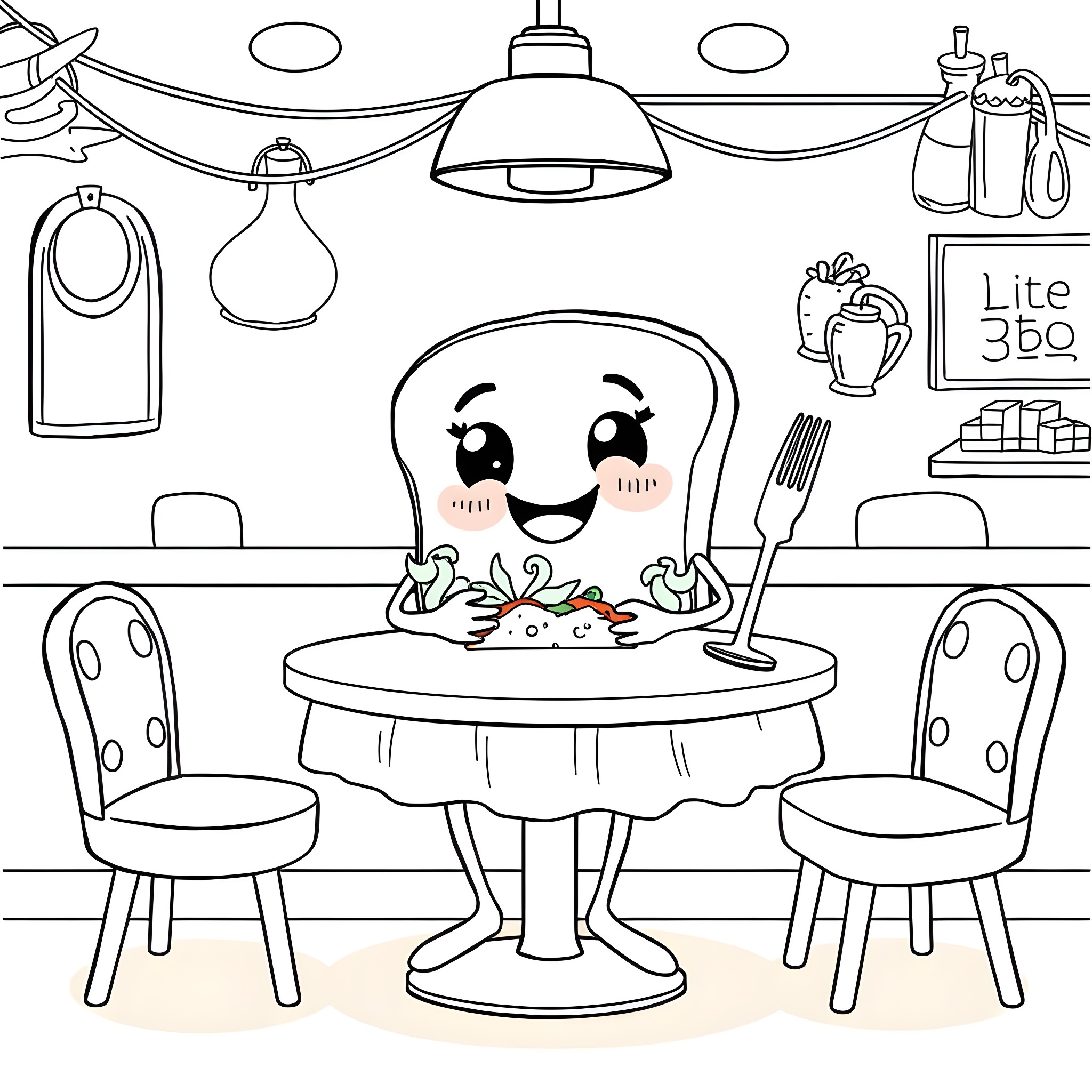 Sandwich character enjoying a meal in the kitchen Coloring Page (free black-and-white line drawing printable PDF for all, from beginners to advanced learners, including children, teens, adults, and seniors)