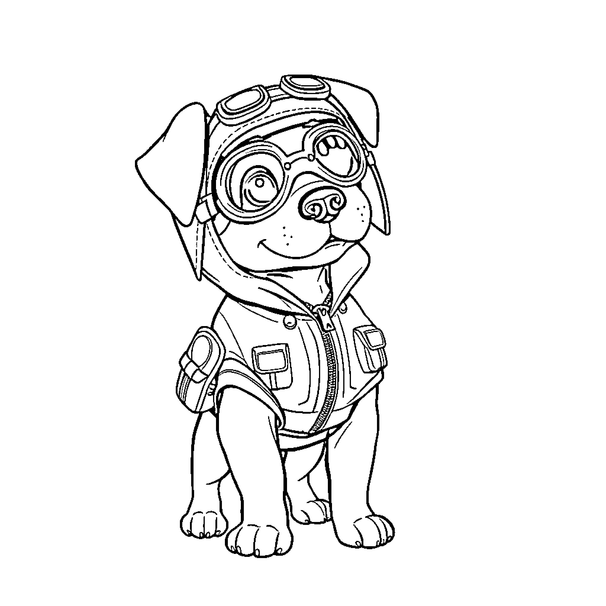 Dog Pilot Puppy in Aviator Outfit Coloring Page (free black-and-white line drawing printable PDF for all, from beginners to advanced learners, including children, teens, adults, and seniors)