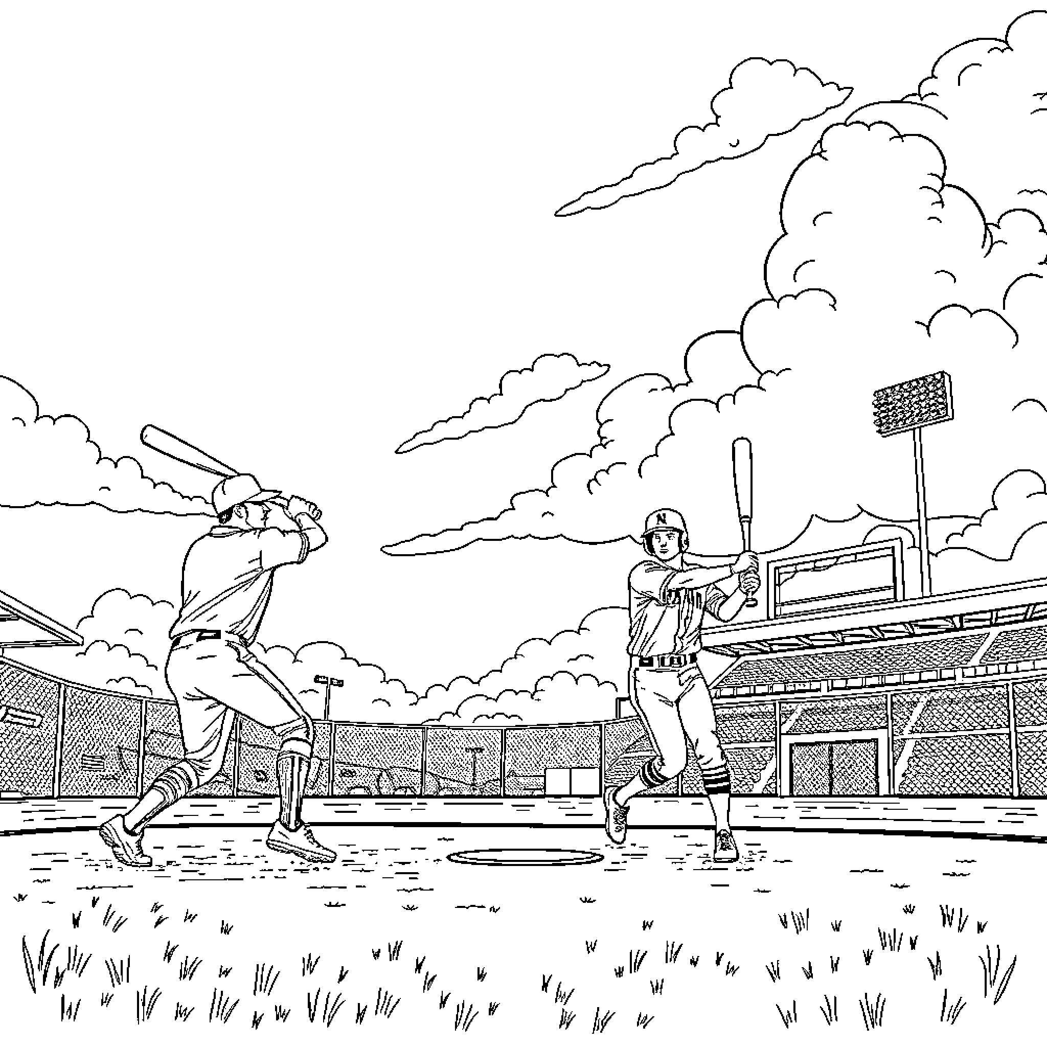 Baseball players in action on the field Coloring Page (free black-and-white line drawing printable PDF for all, from beginners to advanced learners, including children, teens, adults, and seniors)