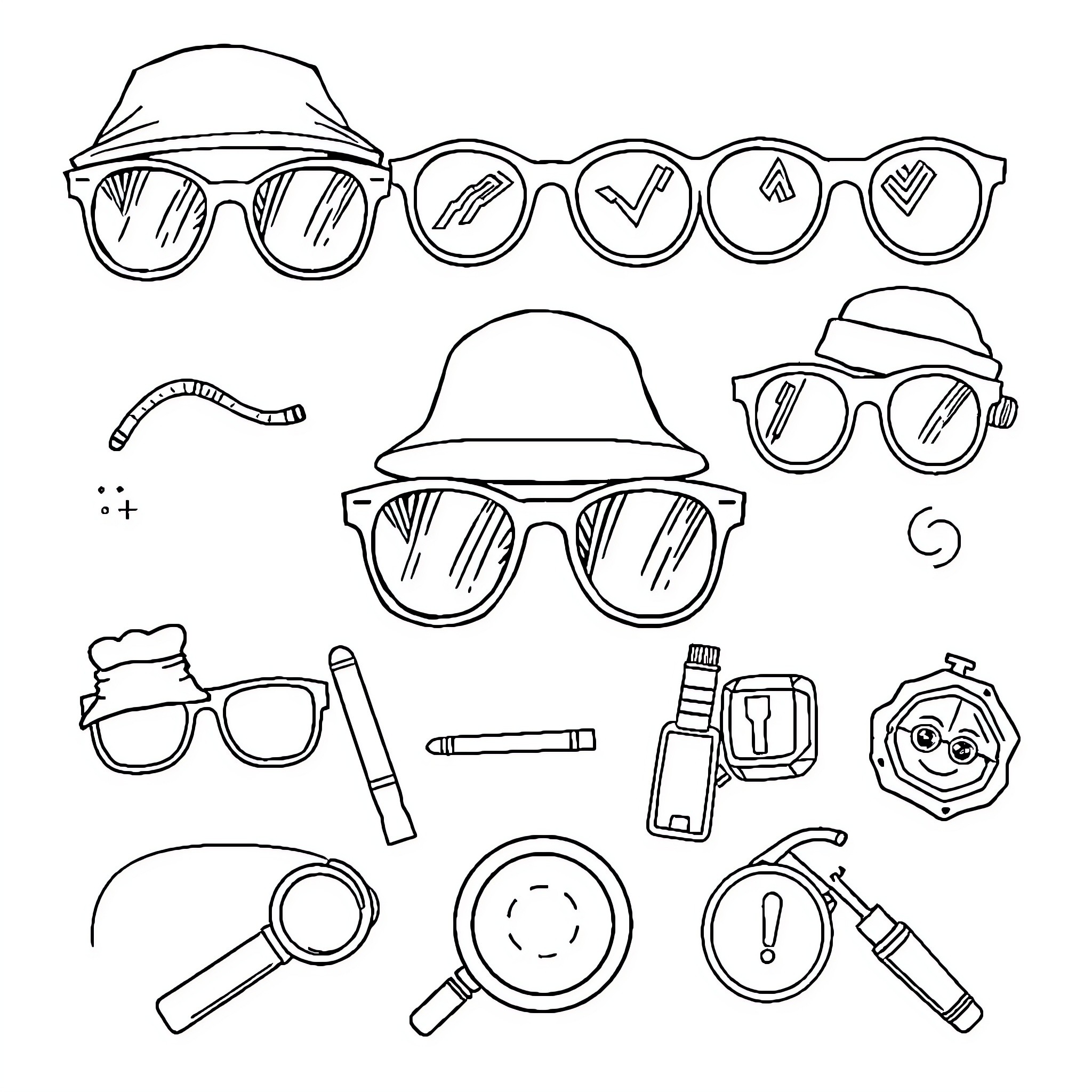 Enquête : Various detective equipment and accessories Coloring Page (free black-and-white line drawing printable PDF for all, from beginners to advanced learners, including children, teens, adults, and seniors)