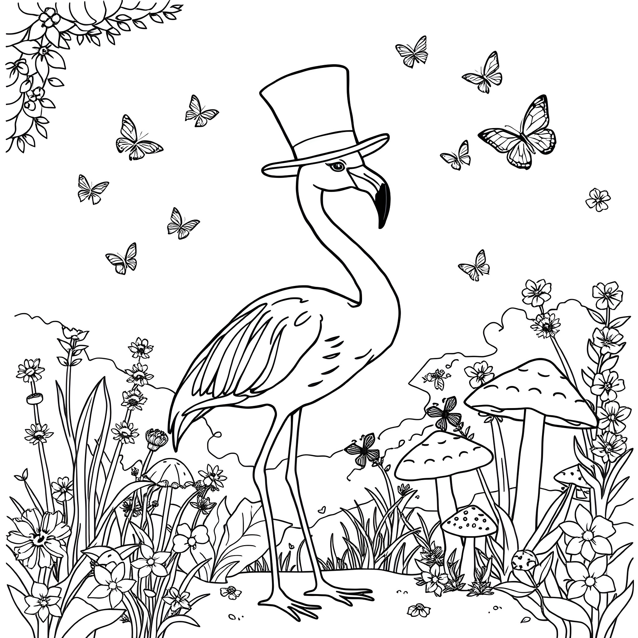 Flamingo with a top hat in a whimsical garden Coloring Page (free black-and-white line drawing printable PDF for all, from beginners to advanced learners, including children, teens, adults, and seniors)
