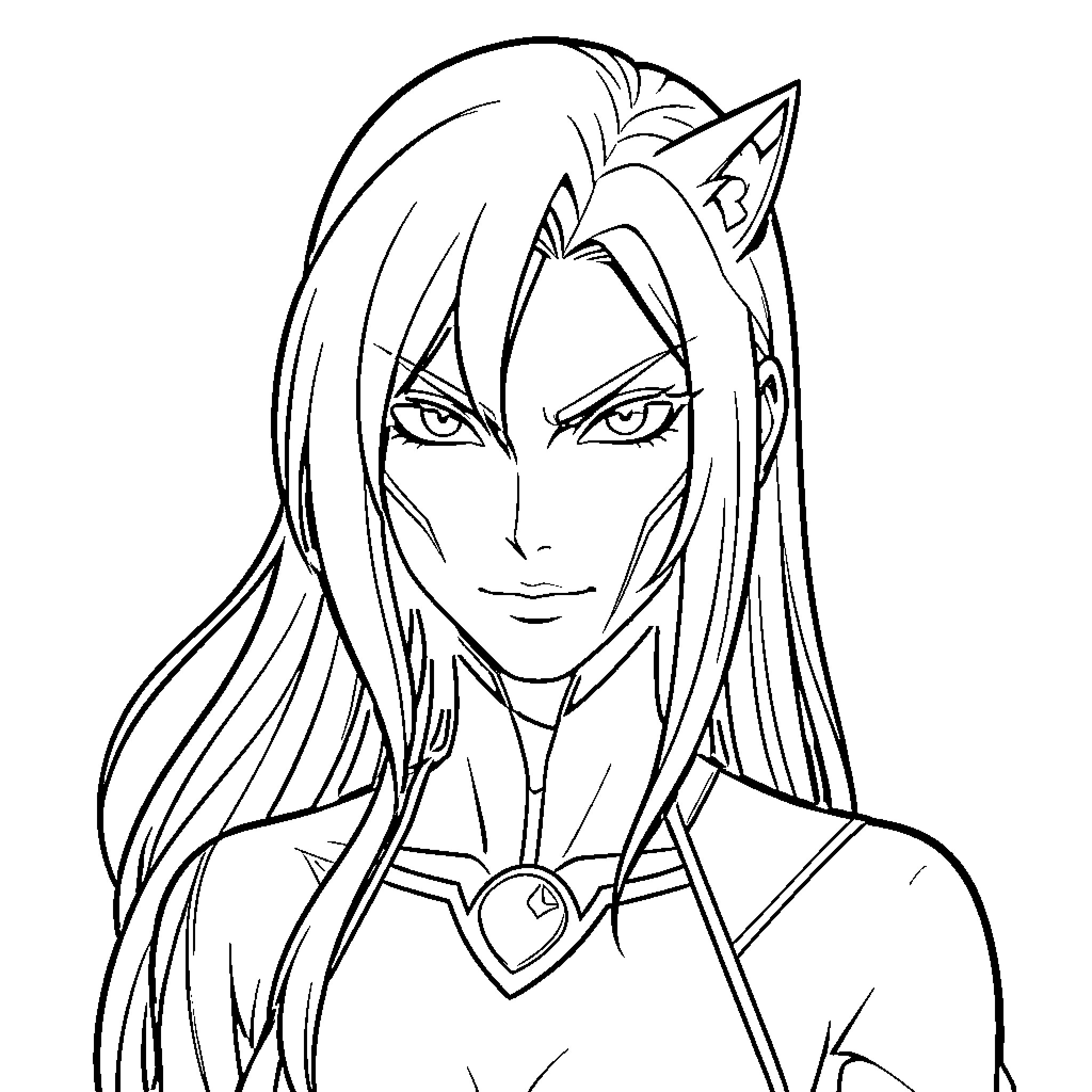 Katseye character with long hair and intense expression Coloring Page (free black-and-white line drawing printable PDF for all, from beginners to advanced learners, including children, teens, adults, and seniors)