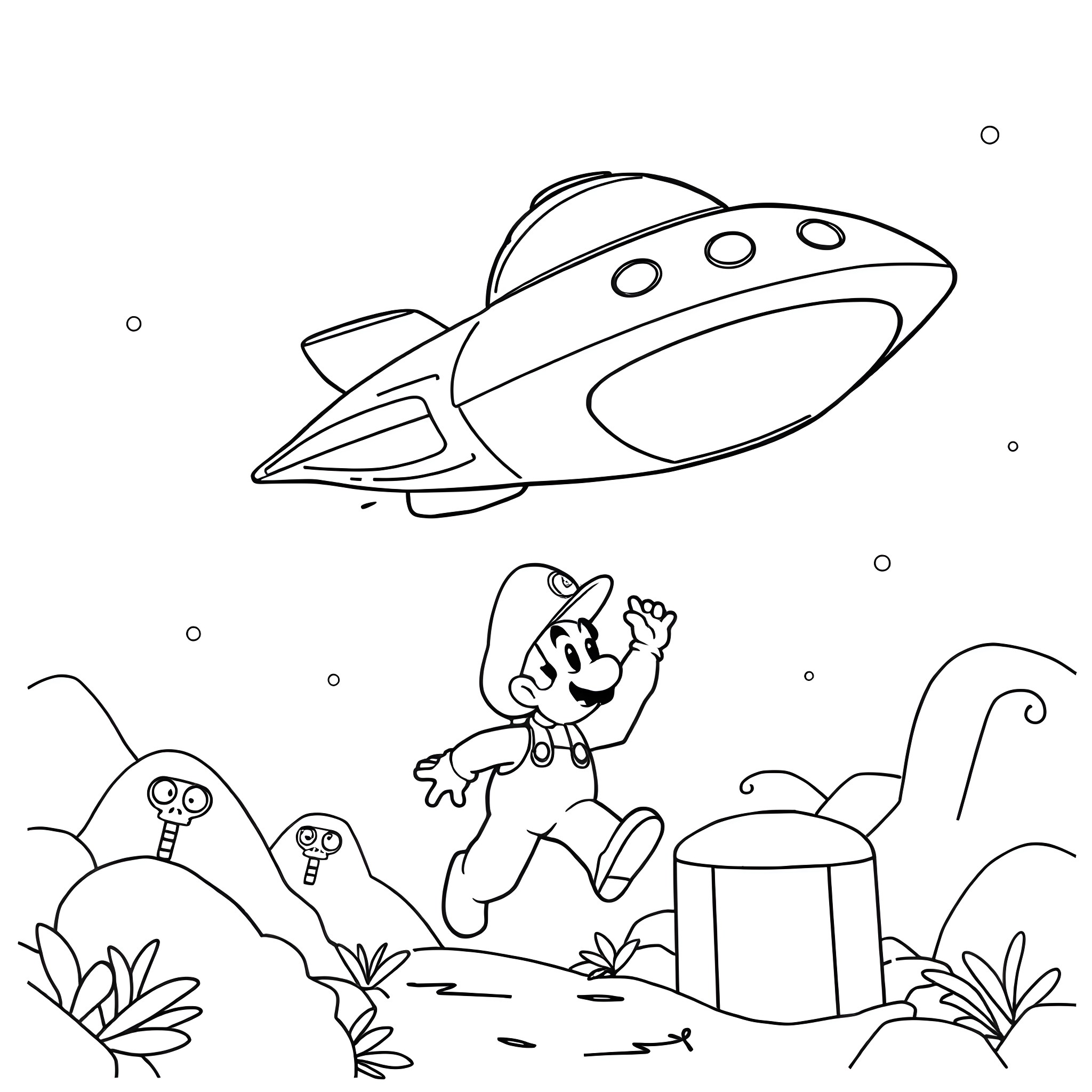 Mario exploring alien planet in UFO spacecraft Coloring Page (free black-and-white line drawing printable PDF for all, from beginners to advanced learners, including children, teens, adults, and seniors)