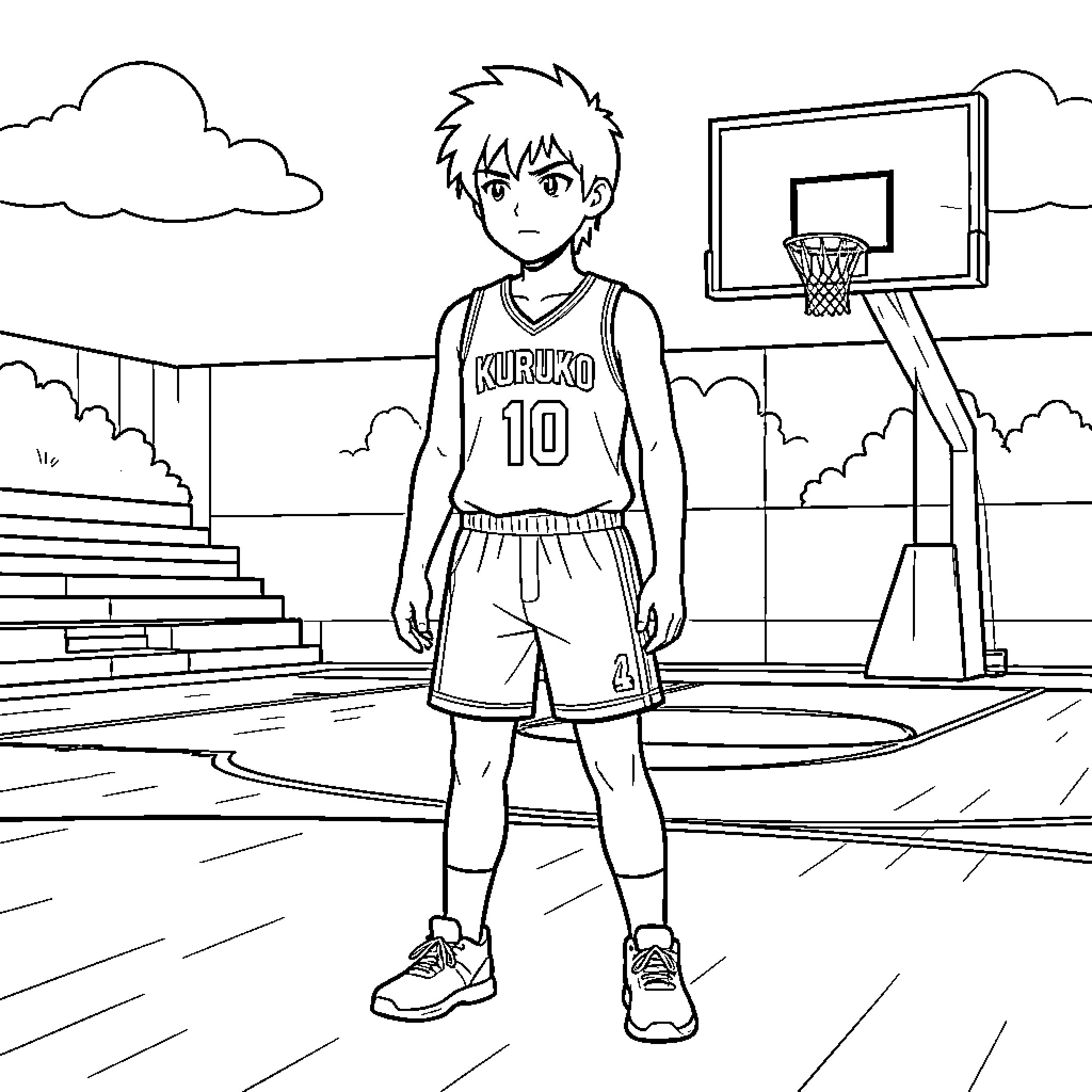 Kuruko standing determinedly on a basketball court Coloring Page (free black-and-white line drawing printable PDF for all, from beginners to advanced learners, including children, teens, adults, and seniors)