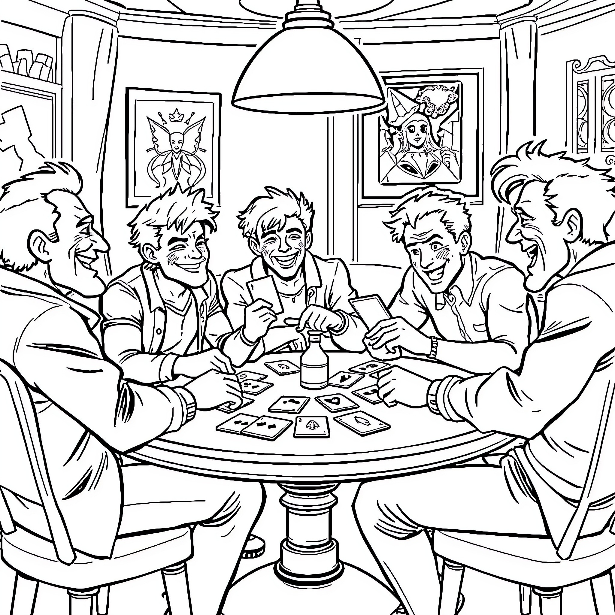 Joestar Group Gathering for a Card Game Coloring Page (free black-and-white line drawing printable PDF for all, from beginners to advanced learners, including children, teens, adults, and seniors)