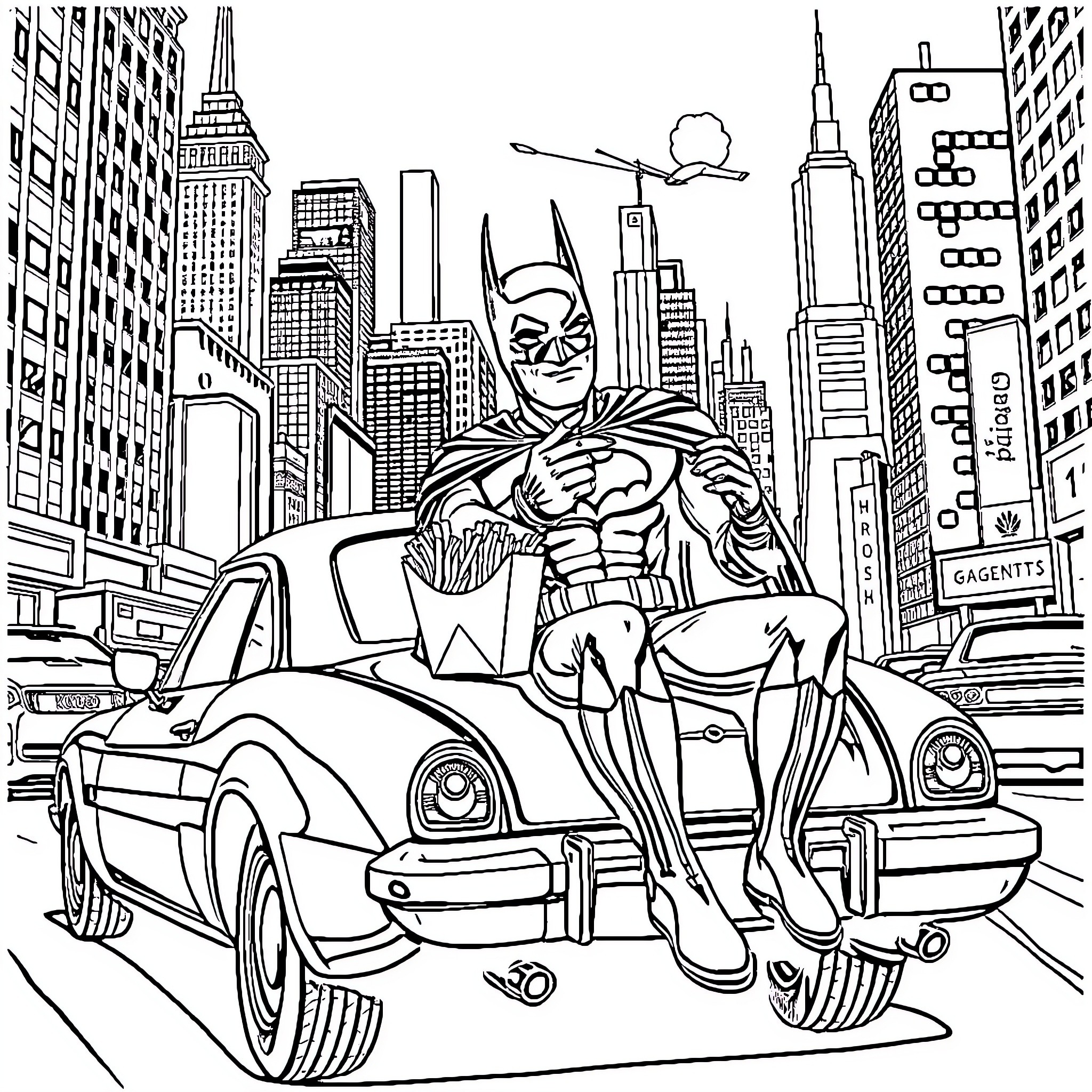 Batman Saving the City from Villains Coloring Page (free black-and-white line drawing printable PDF for all, from beginners to advanced learners, including children, teens, adults, and seniors)