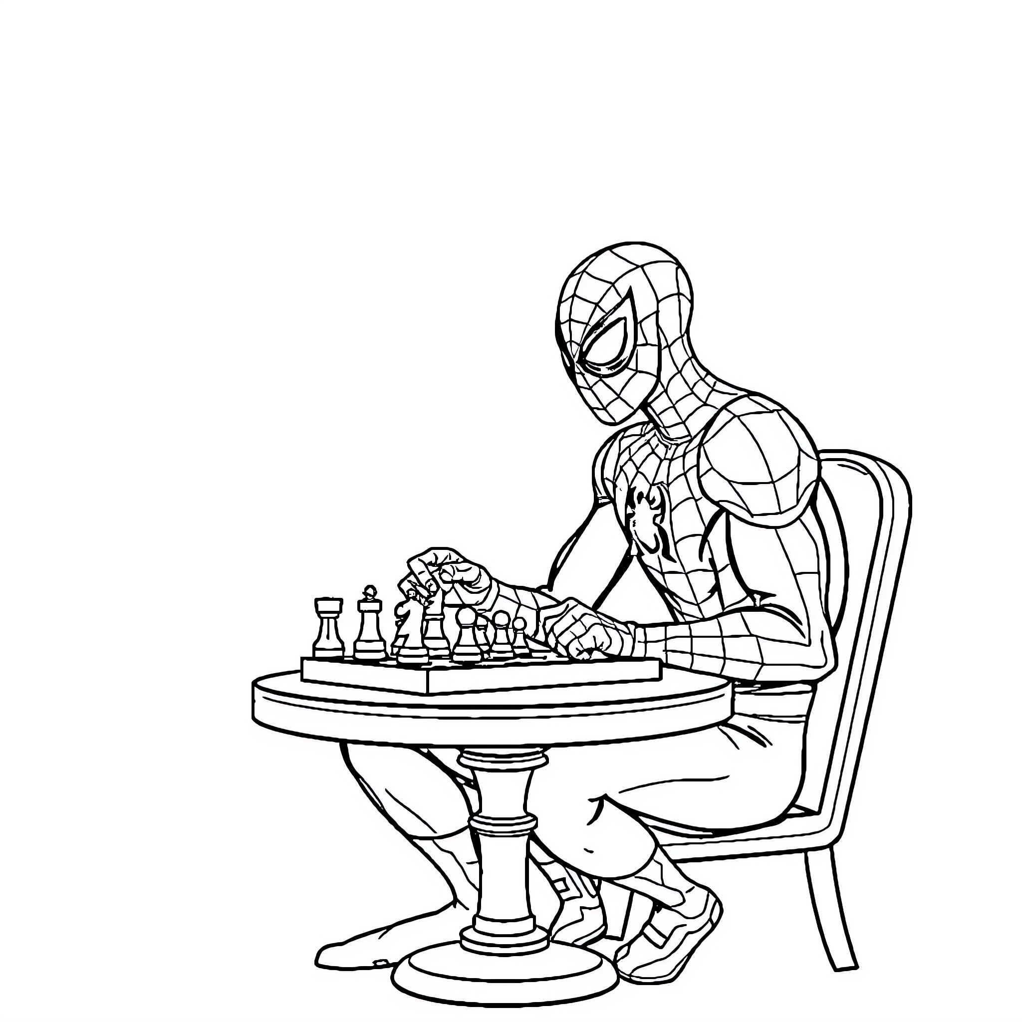 Spider-Man playing chess intently Coloring Page (free black-and-white line drawing printable PDF for all, from beginners to advanced learners, including children, teens, adults, and seniors)