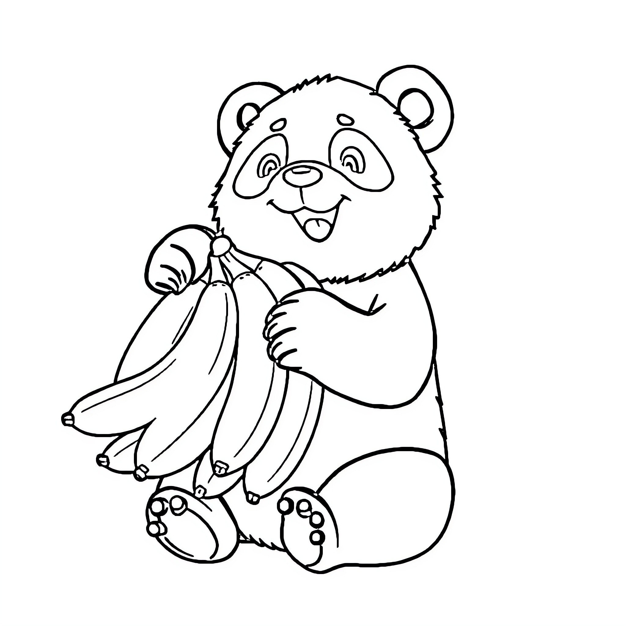 Panda holding a bunch of bananas Coloring Page (free black-and-white line drawing printable PDF for all, from beginners to advanced learners, including children, teens, adults, and seniors)