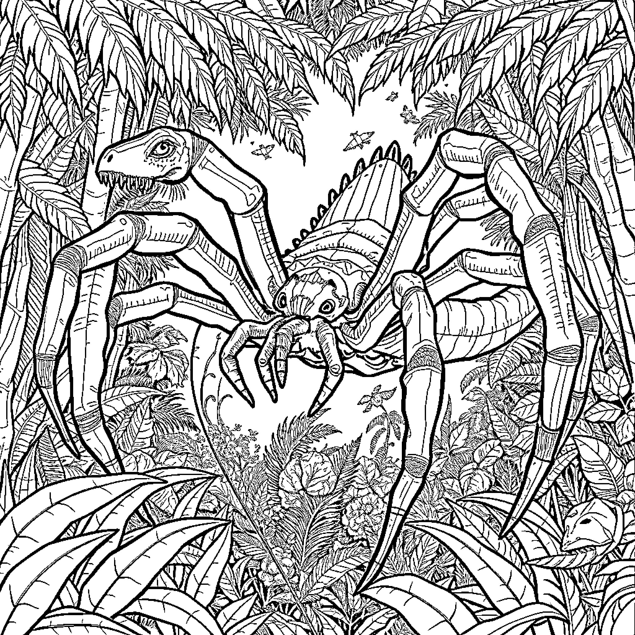 Spidersaurus exploring the lush jungle landscape Coloring Page (free black-and-white line drawing printable PDF for all, from beginners to advanced learners, including children, teens, adults, and seniors)