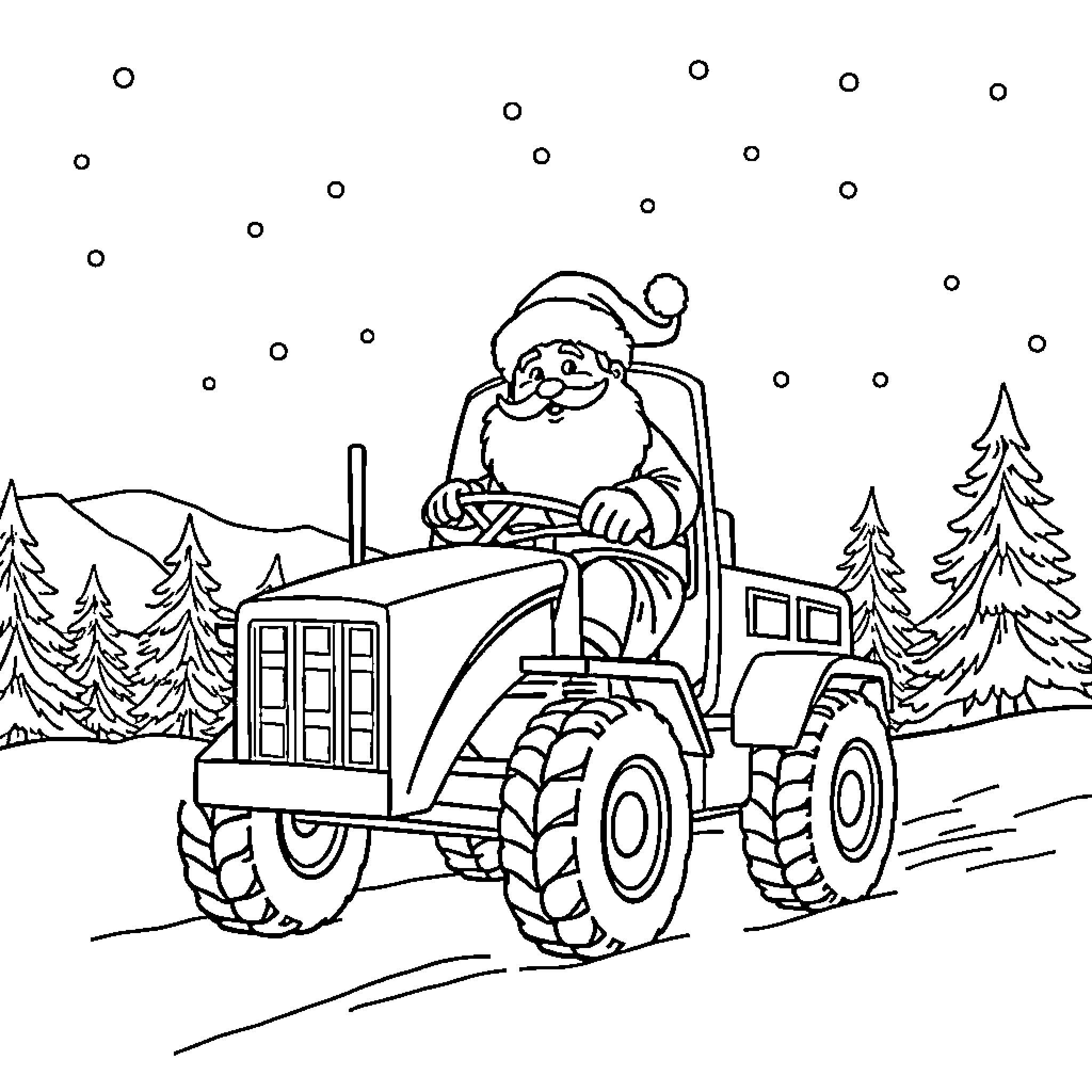 Santa driving a tractor in the snowy countryside Coloring Page (free black-and-white line drawing printable PDF for all, from beginners to advanced learners, including children, teens, adults, and seniors)