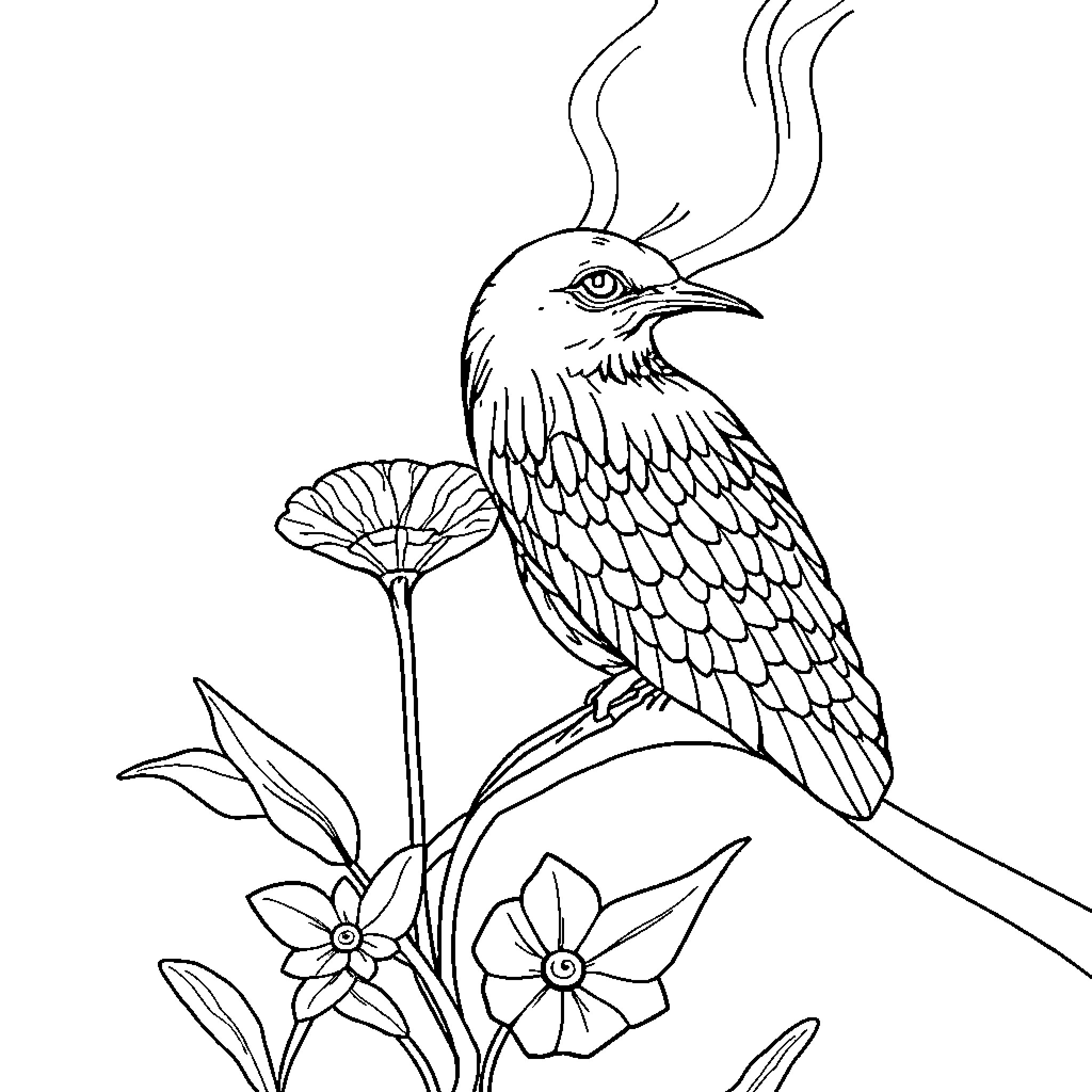 Letter with Perched Bird and Flowers Coloring Page (free black-and-white line drawing printable PDF for all, from beginners to advanced learners, including children, teens, adults, and seniors)