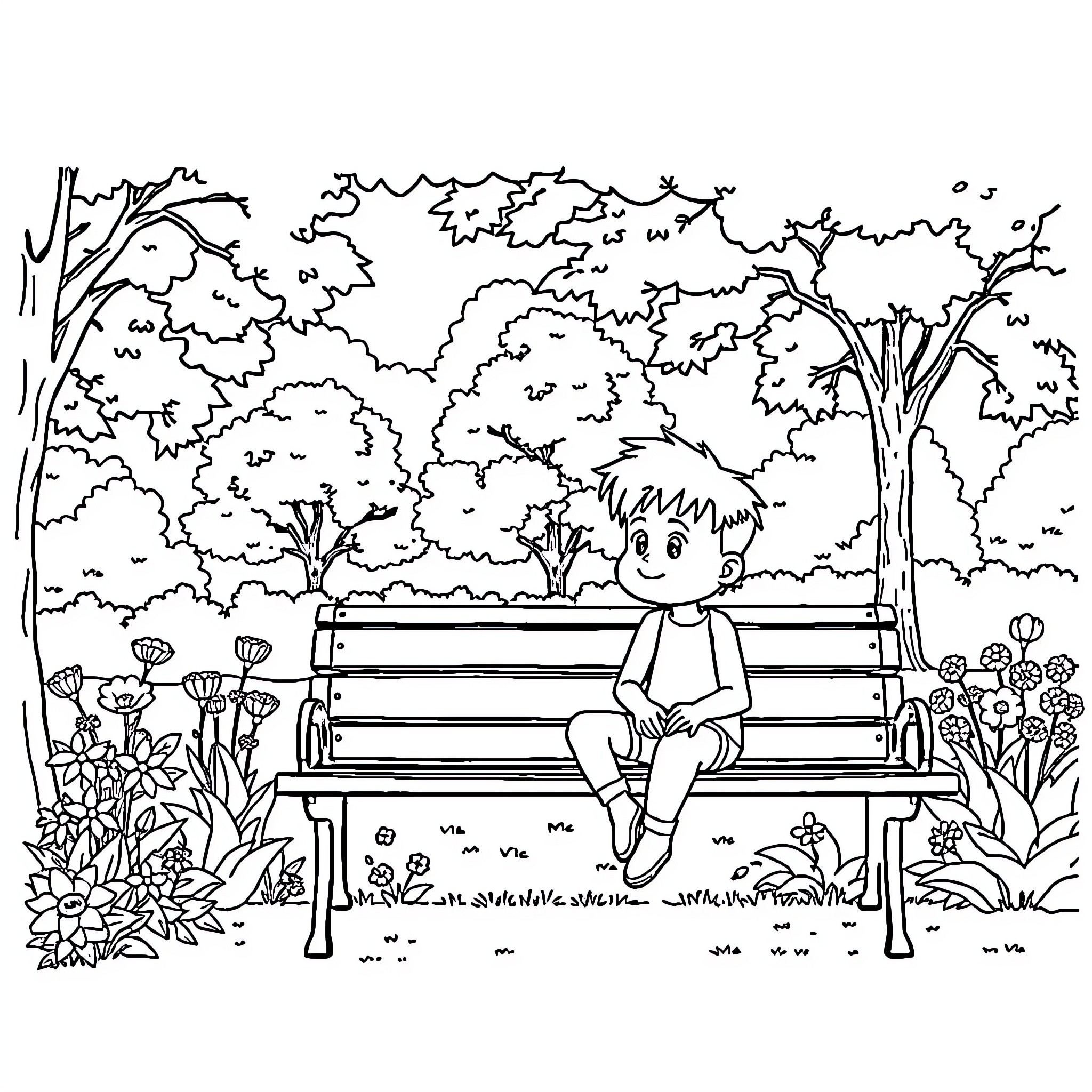 Seb Enjoys Peaceful Solitude in the Park Coloring Page (free black-and-white line drawing printable PDF for all, from beginners to advanced learners, including children, teens, adults, and seniors)