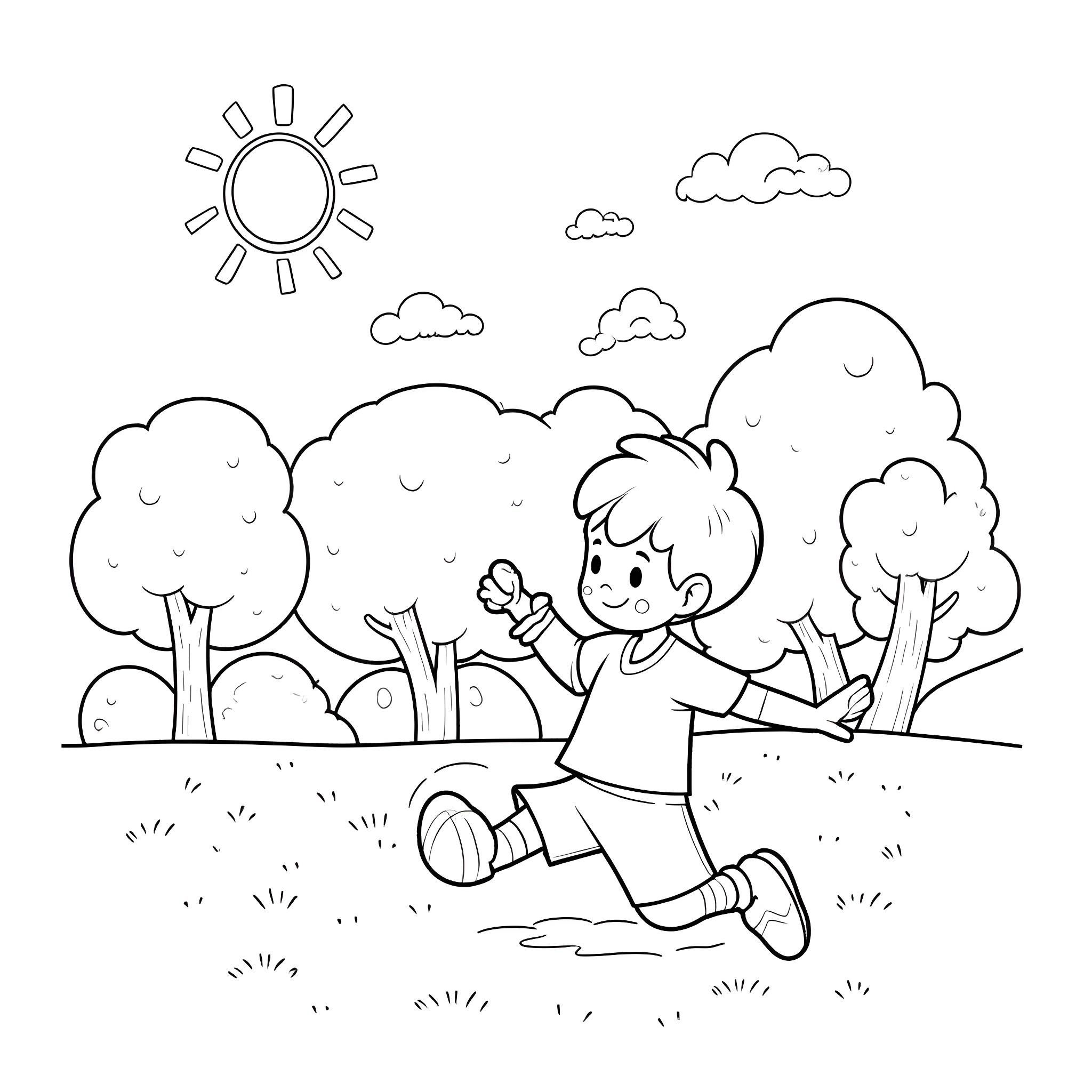Deku exploring the lush nature happily Coloring Page (free black-and-white line drawing printable PDF for all, from beginners to advanced learners, including children, teens, adults, and seniors)