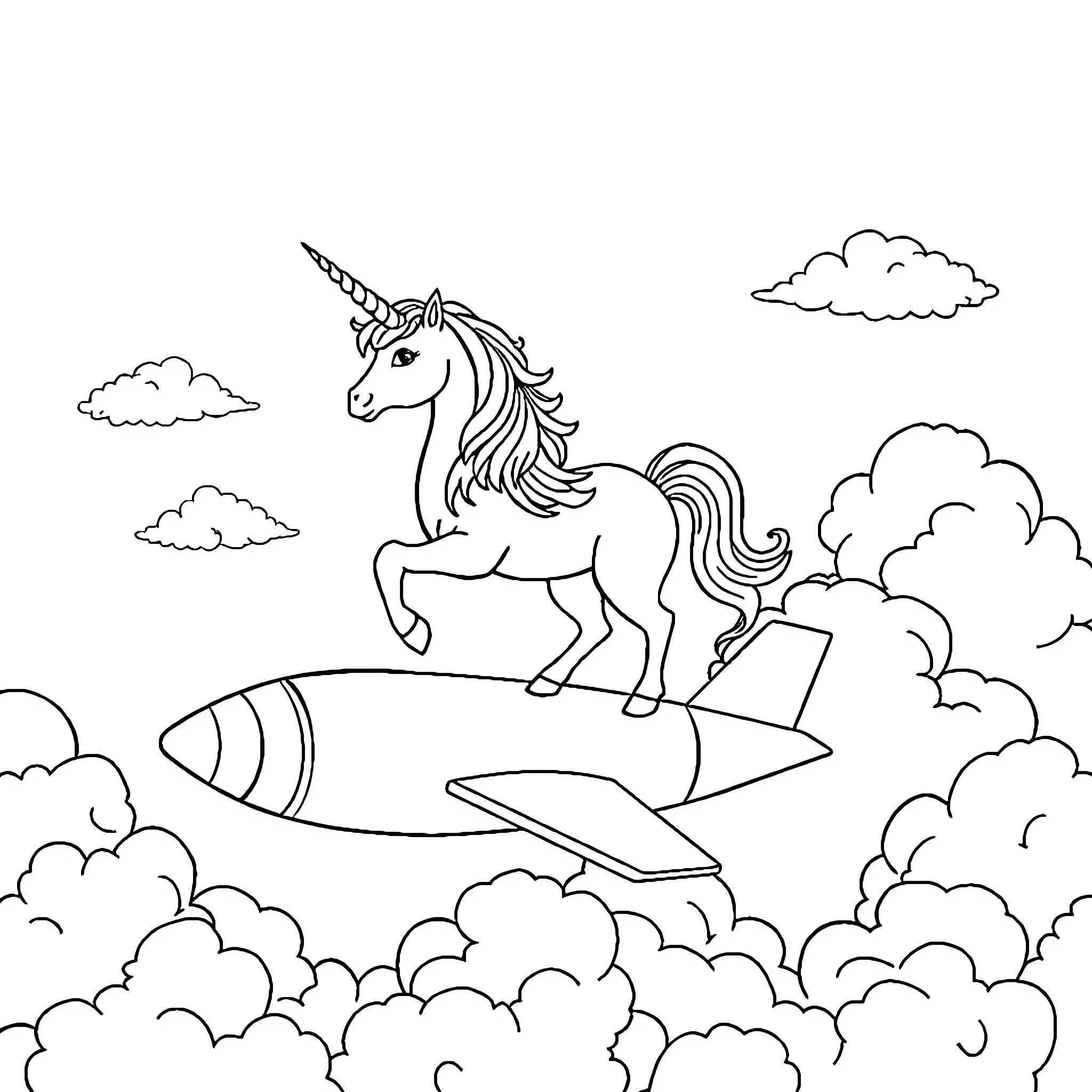Unicorn Riding Rocket Through Clouds Coloring Page (free black-and-white line drawing printable PDF for all, from beginners to advanced learners, including children, teens, adults, and seniors)