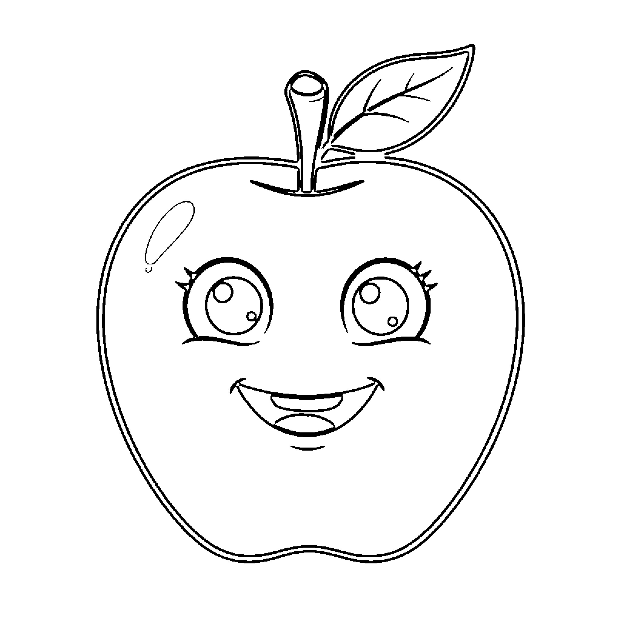Apple with cheerful expression and leaf Coloring Page (free black-and-white line drawing printable PDF for all, from beginners to advanced learners, including children, teens, adults, and seniors)