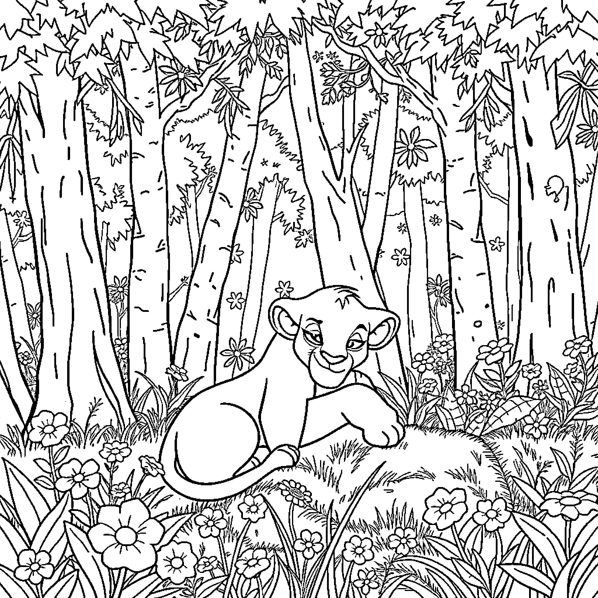Nala rests peacefully in the enchanting forest Coloring Page (free black-and-white line drawing printable PDF for all, from beginners to advanced learners, including children, teens, adults, and seniors)