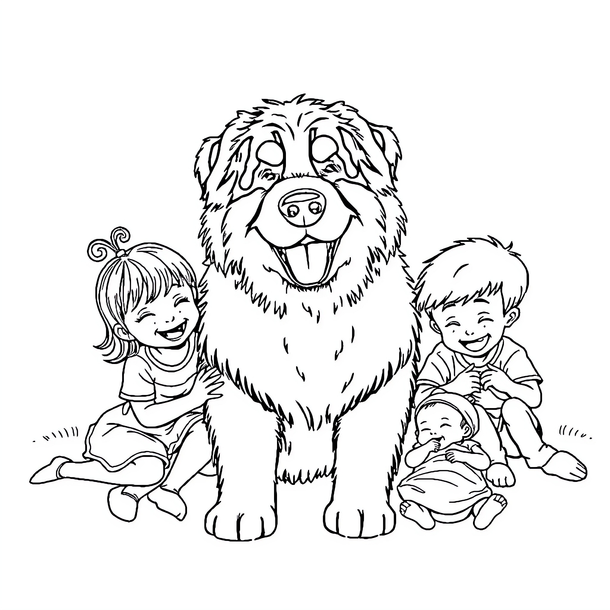 Bernese Mountain Dog with children playing happily Coloring Page (free black-and-white line drawing printable PDF for all, from beginners to advanced learners, including children, teens, adults, and seniors)