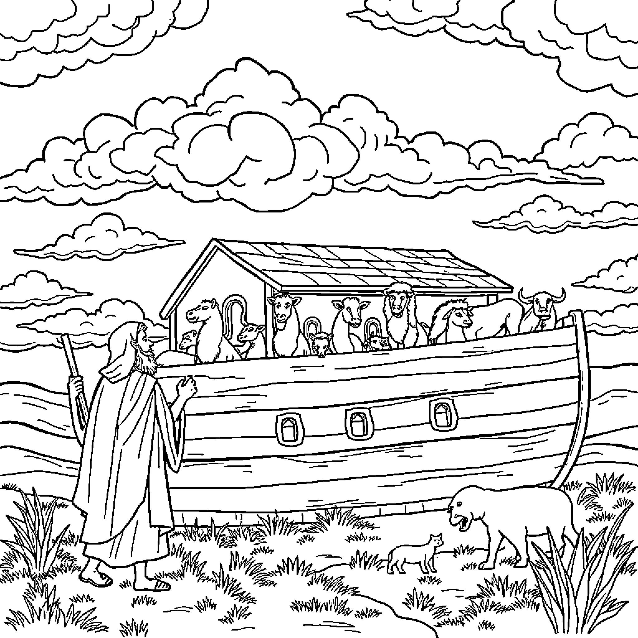 Noah's Ark Voyage Through Stormy Clouds Coloring Page (free black-and-white line drawing printable PDF for all, from beginners to advanced learners, including children, teens, adults, and seniors)