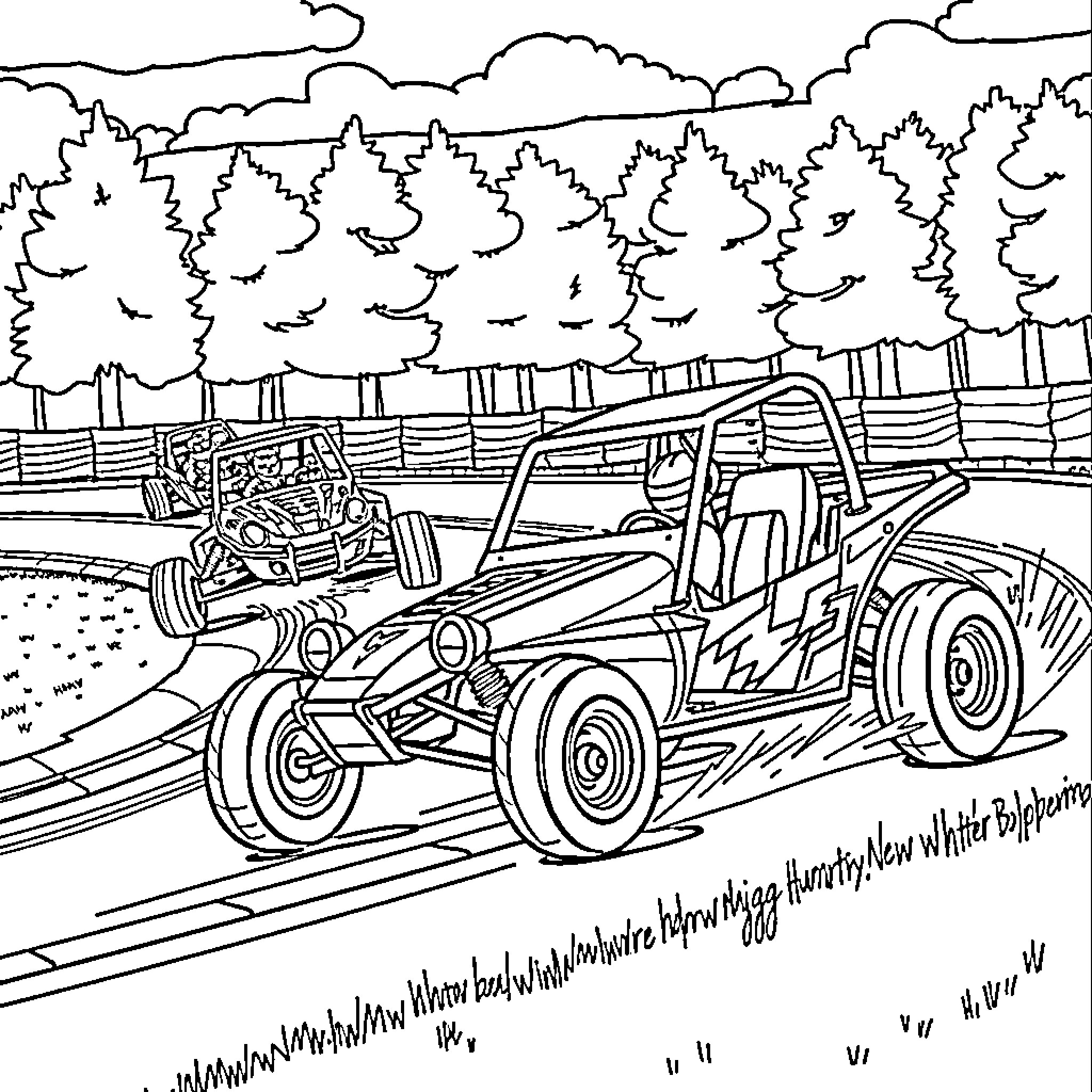Buggy traversing a wooded trail Coloring Page (free black-and-white line drawing printable PDF for all, from beginners to advanced learners, including children, teens, adults, and seniors)