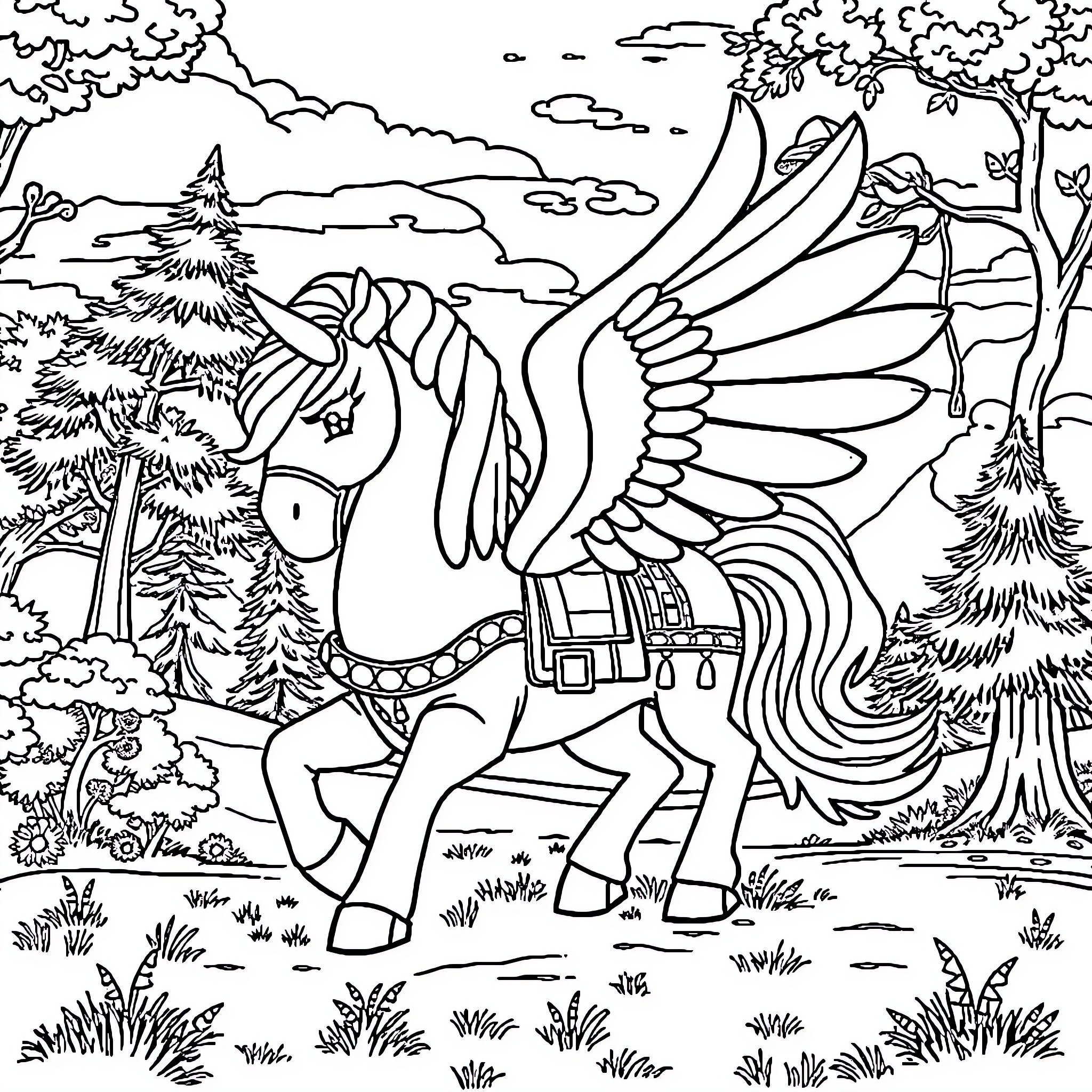 Ninjago-inspired Magical Unicorn in Enchanted Forest Coloring Page (free black-and-white line drawing printable PDF for all, from beginners to advanced learners, including children, teens, adults, and seniors)