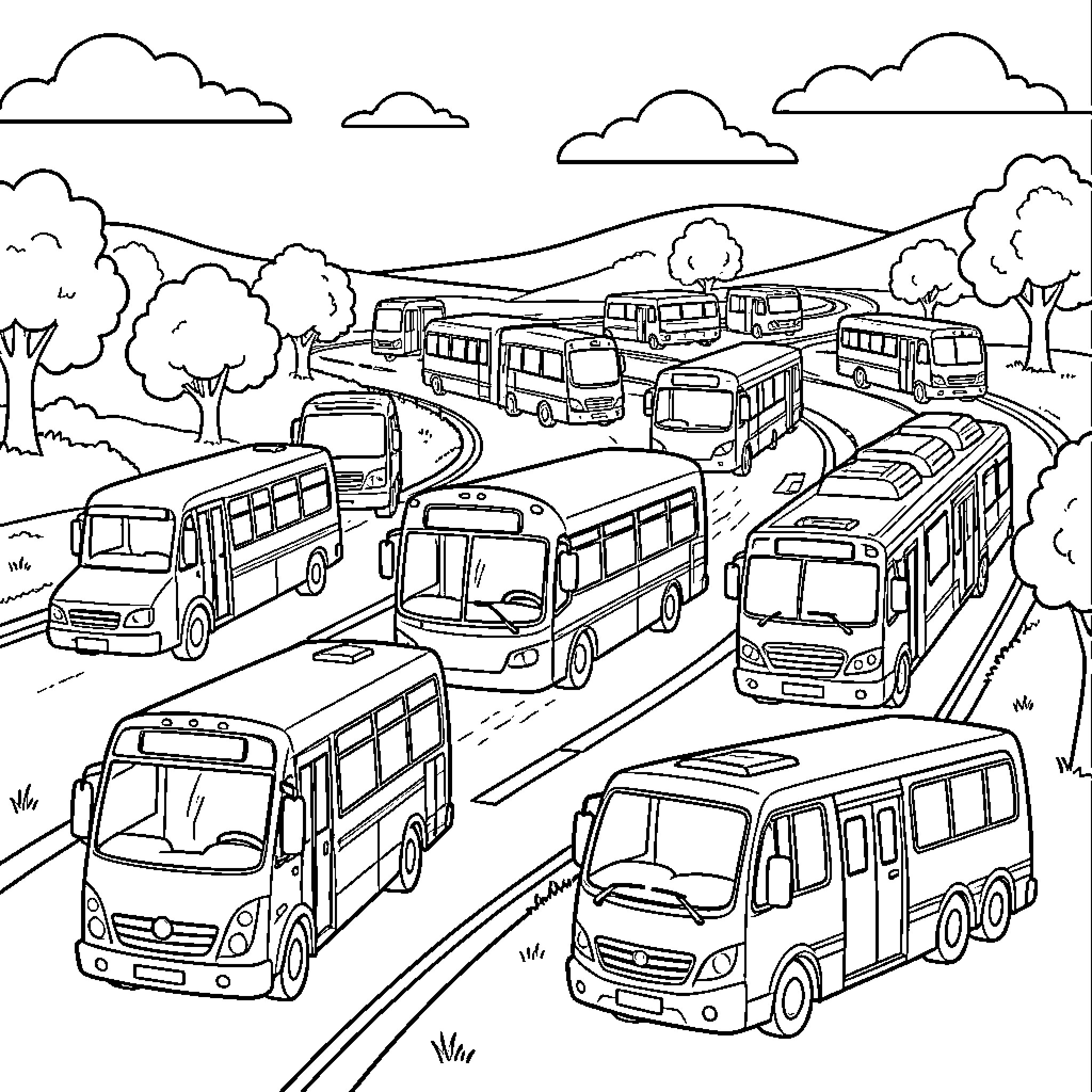 Transport vehicles driving along a winding road through hills Coloring Page (free black-and-white line drawing printable PDF for all, from beginners to advanced learners, including children, teens, adults, and seniors)