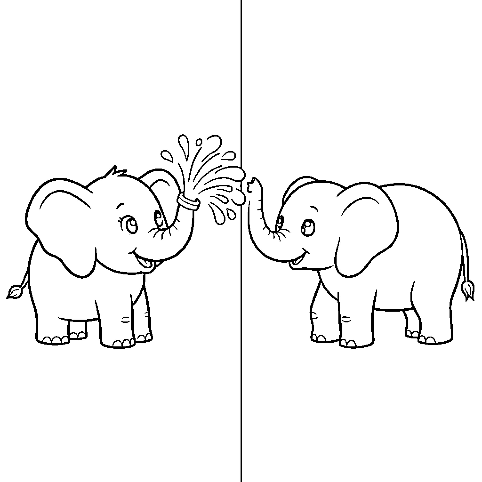 Elephants playing and spraying water Coloring Page (free black-and-white line drawing printable PDF for all, from beginners to advanced learners, including children, teens, adults, and seniors)