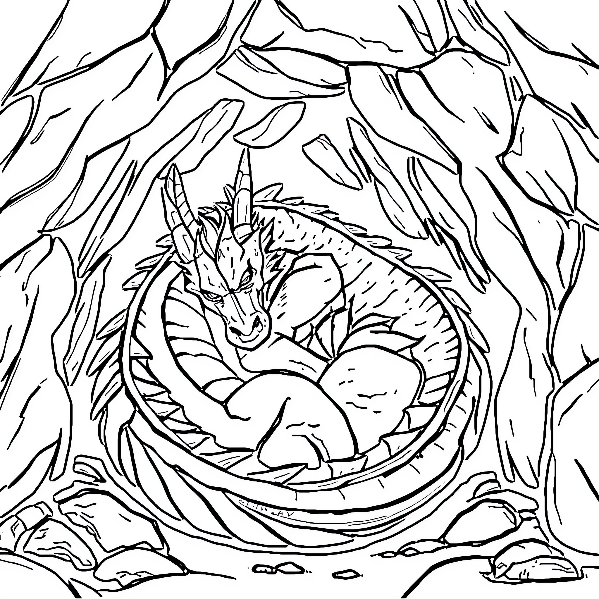 Dragon curled up in its cozy cave nest Coloring Page (free black-and-white line drawing printable PDF for all, from beginners to advanced learners, including children, teens, adults, and seniors)