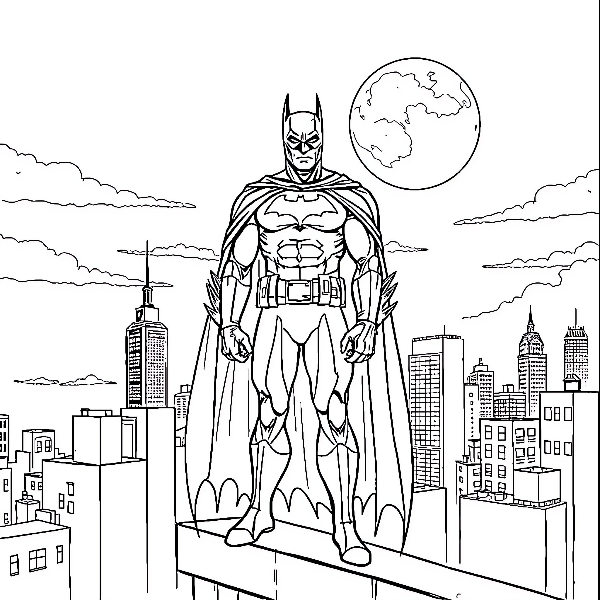 Batman standing heroically on city skyline Coloring Page (free black-and-white line drawing printable PDF for all, from beginners to advanced learners, including children, teens, adults, and seniors)