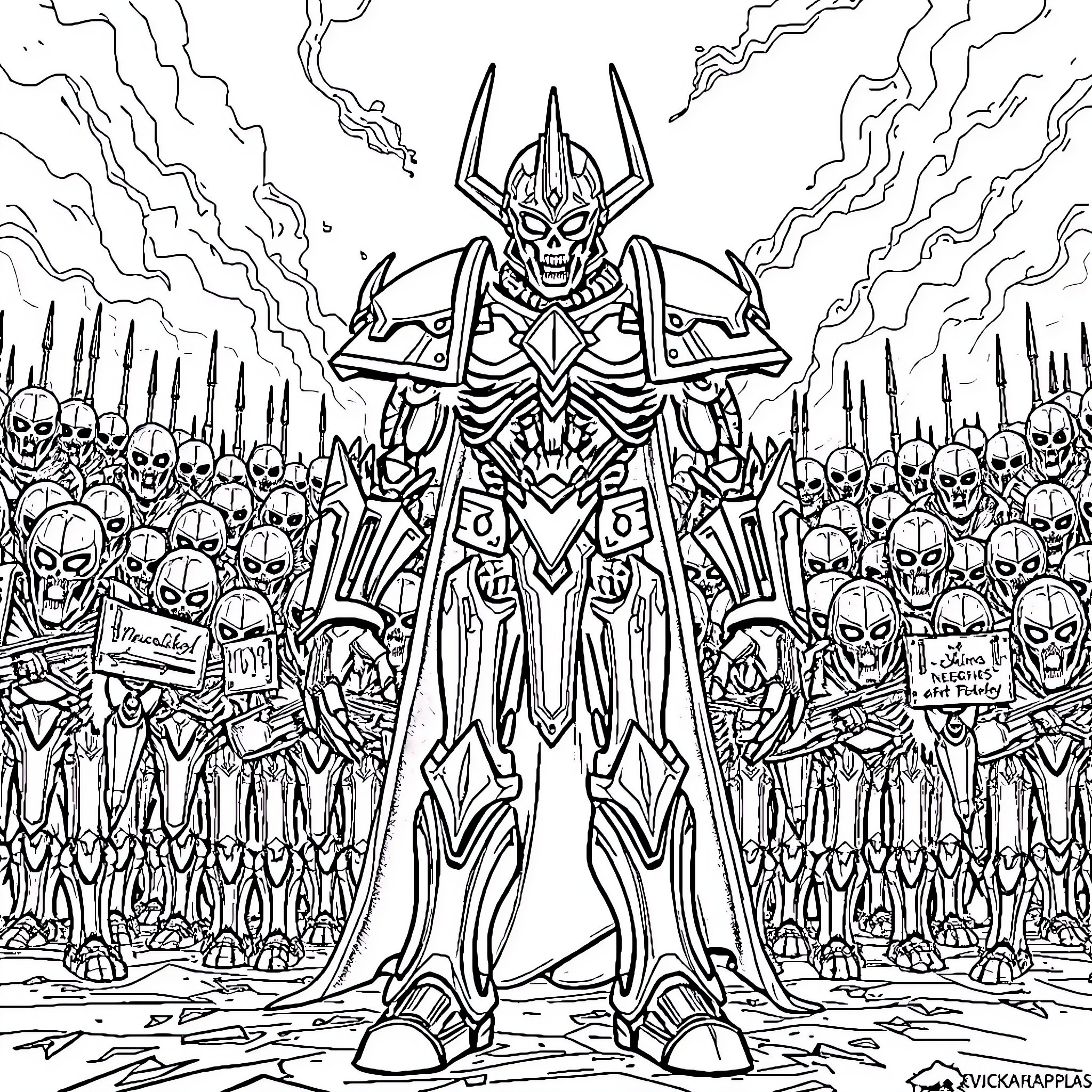 Necron Overlord commanding an army of skeletal warriors Coloring Page (free black-and-white line drawing printable PDF for all, from beginners to advanced learners, including children, teens, adults, and seniors)