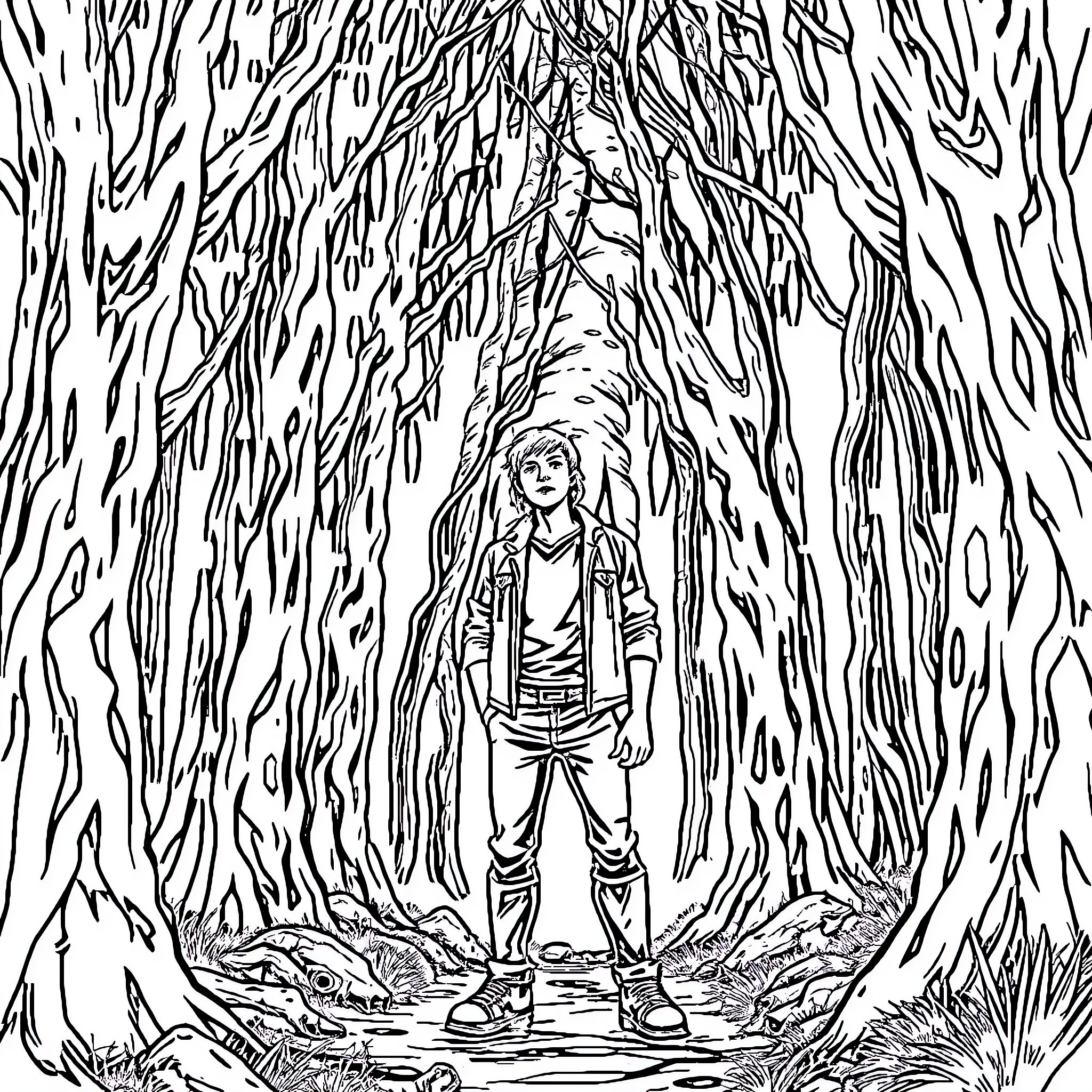 Trevor Henderson's Eerie Forest Encounter Coloring Page (free black-and-white line drawing printable PDF for all, from beginners to advanced learners, including children, teens, adults, and seniors)