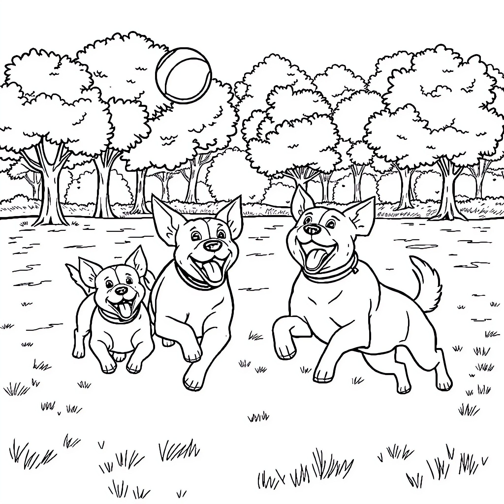 Dog friends playing in the forest Coloring Page (free black-and-white line drawing printable PDF for all, from beginners to advanced learners, including children, teens, adults, and seniors)