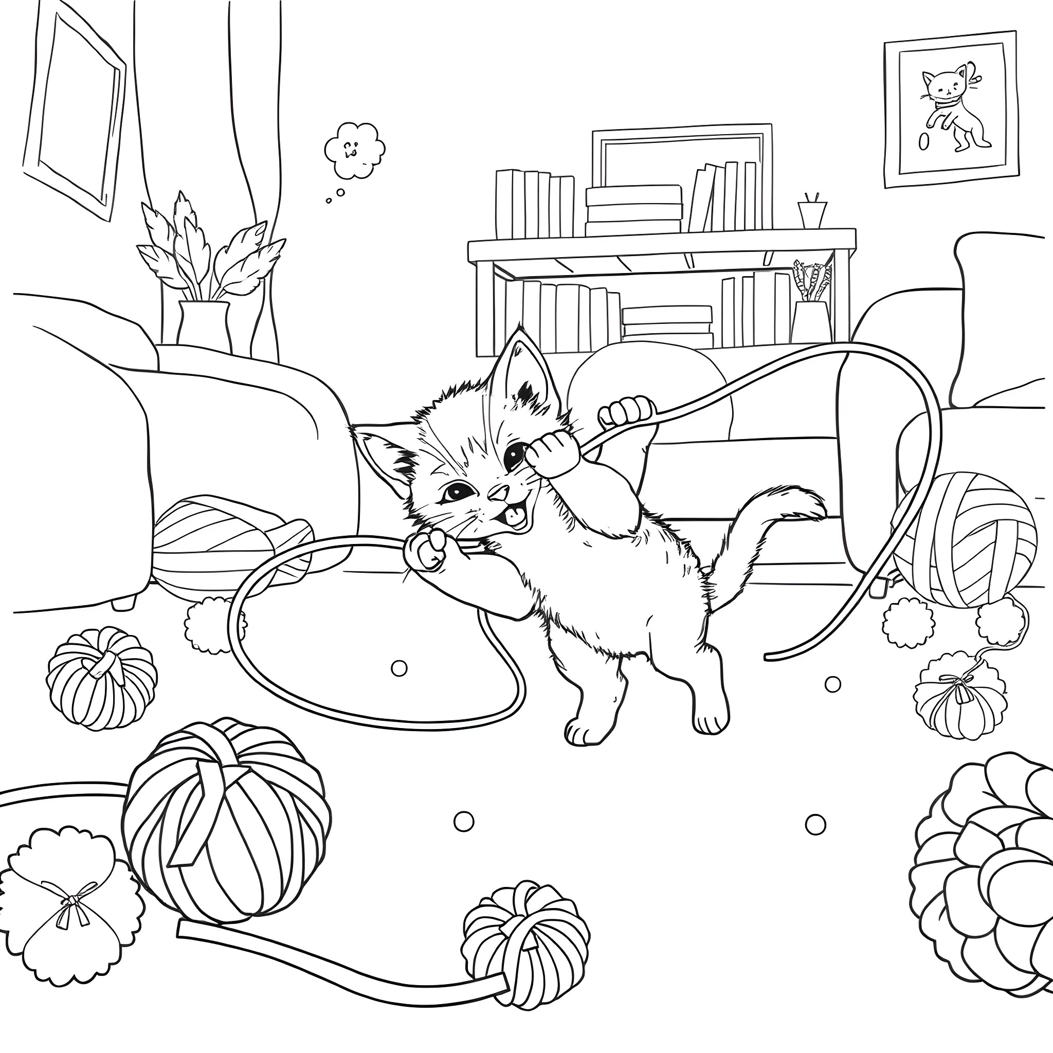 Kitten Playing Joyfully in Living Room Coloring Page (free black-and-white line drawing printable PDF for all, from beginners to advanced learners, including children, teens, adults, and seniors)