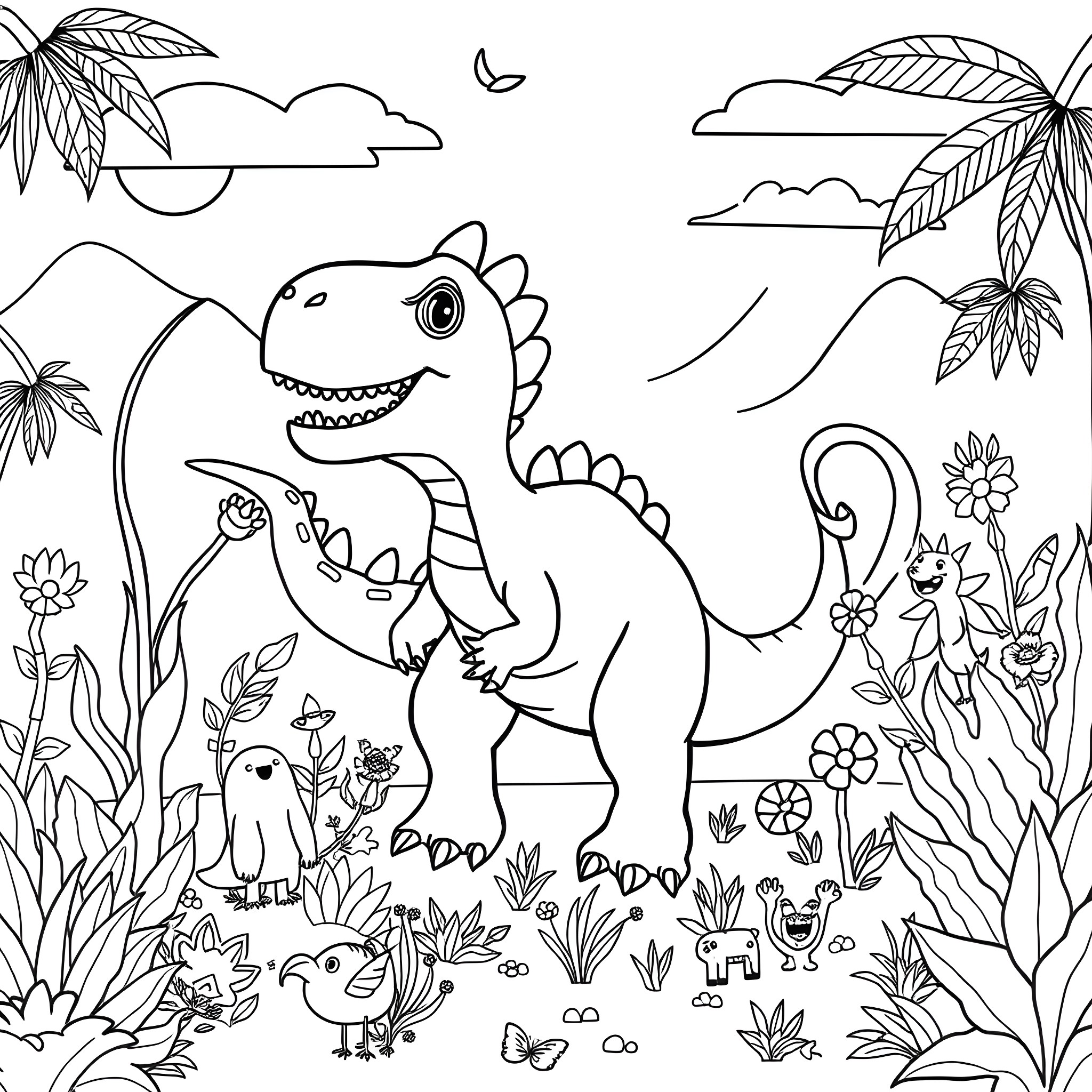 Dinosaur exploring the lush tropical landscape Coloring Page (free black-and-white line drawing printable PDF for all, from beginners to advanced learners, including children, teens, adults, and seniors)