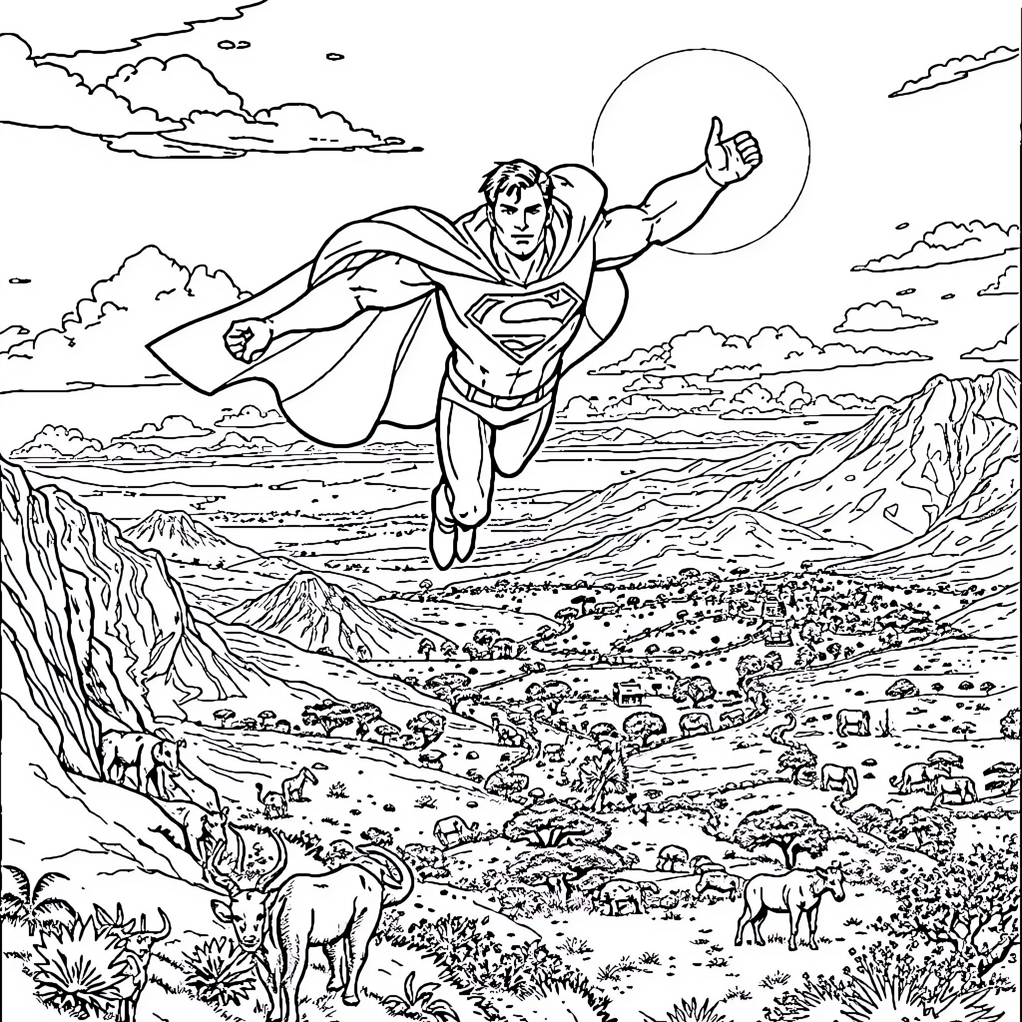 Superman soaring over a scenic landscape Coloring Page (free black-and-white line drawing printable PDF for all, from beginners to advanced learners, including children, teens, adults, and seniors)