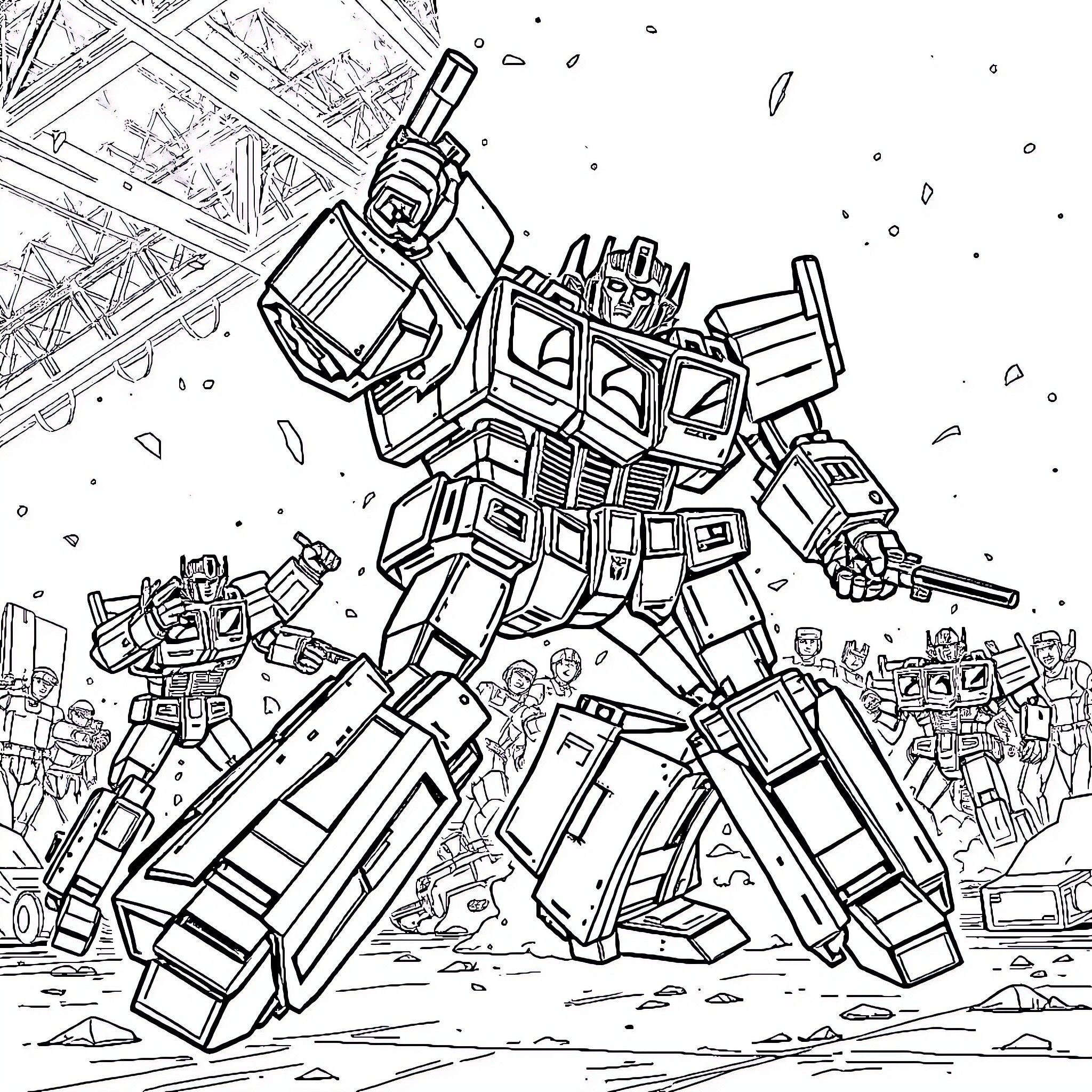 Transformer robots in epic battle scene Coloring Page (free black-and-white line drawing printable PDF for all, from beginners to advanced learners, including children, teens, adults, and seniors)