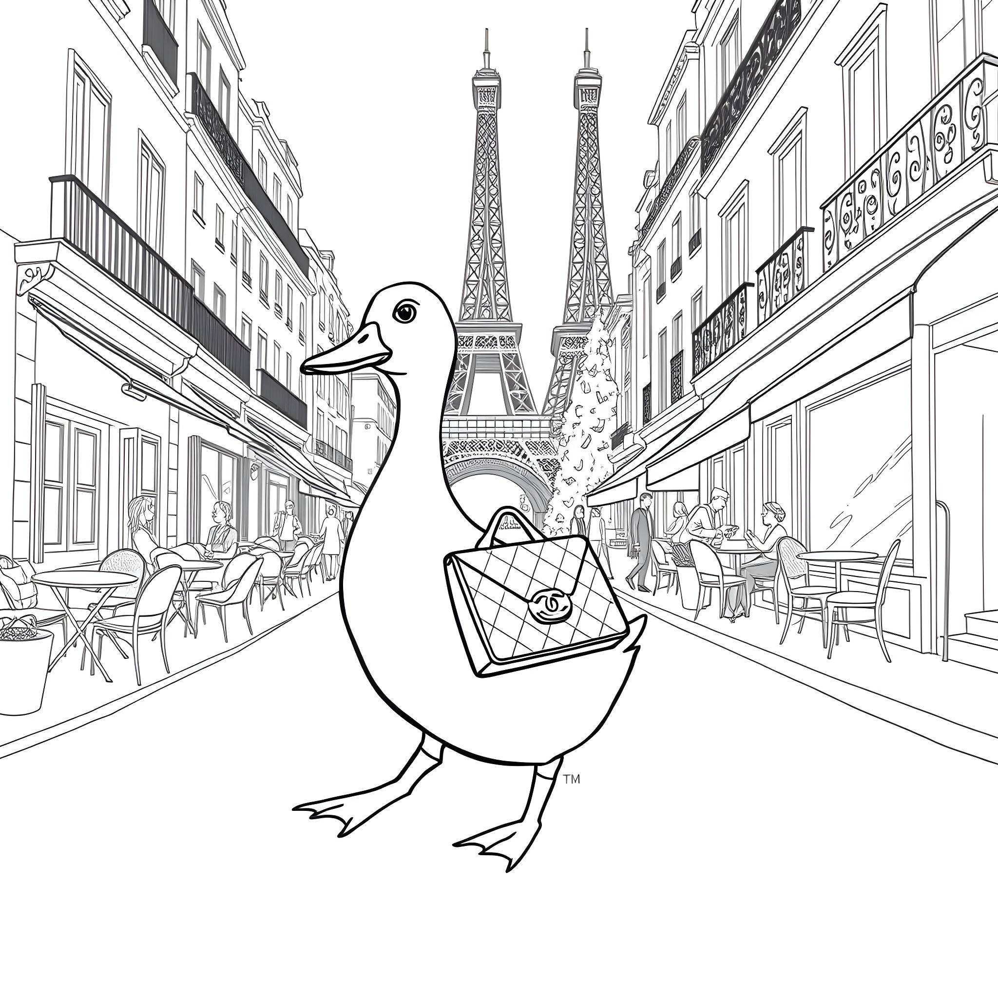Duck exploring the streets of Paris Coloring Page (free black-and-white line drawing printable PDF for all, from beginners to advanced learners, including children, teens, adults, and seniors)