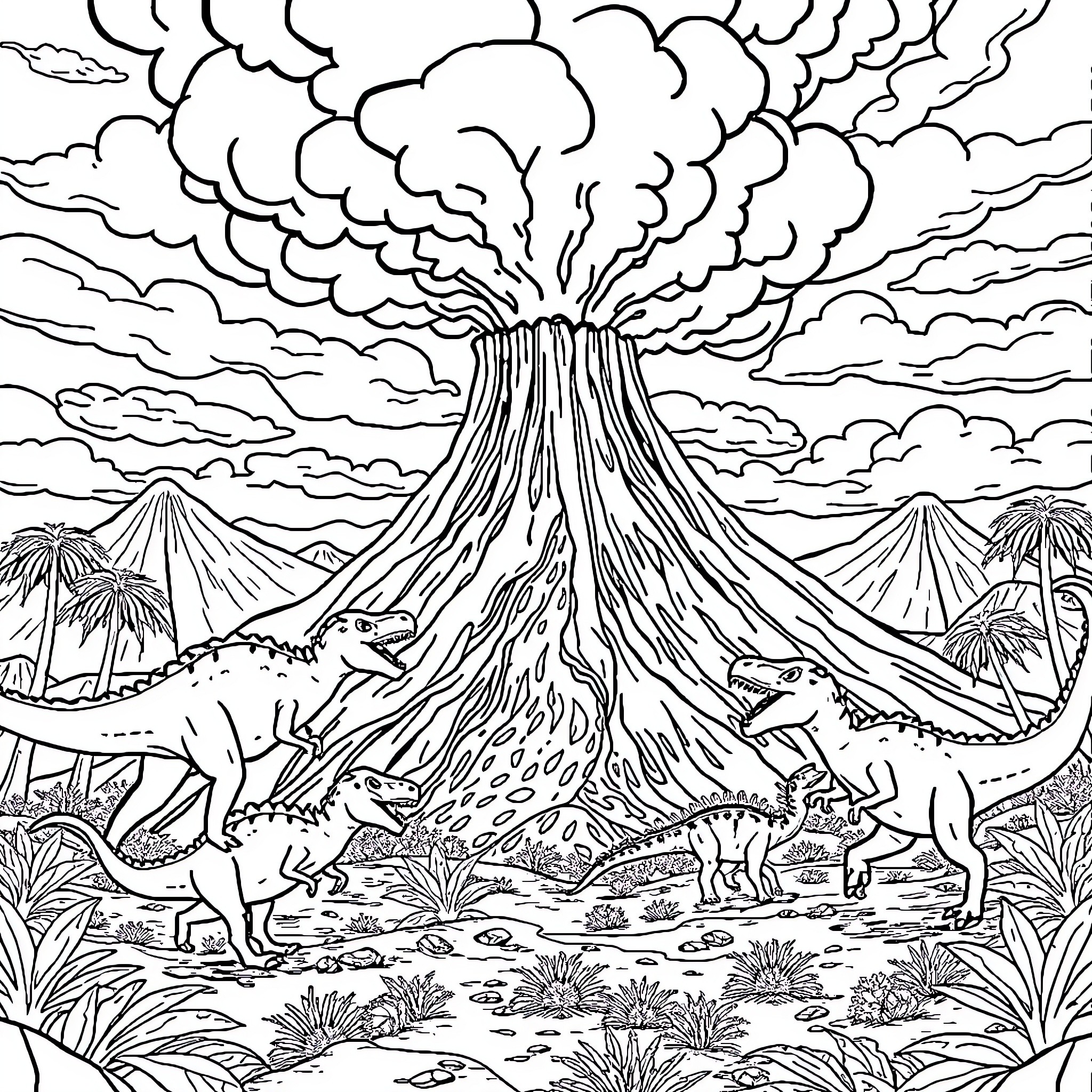 Volcano eruption with dinosaurs in the prehistoric landscape Coloring Page (free black-and-white line drawing printable PDF for all, from beginners to advanced learners, including children, teens, adults, and seniors)